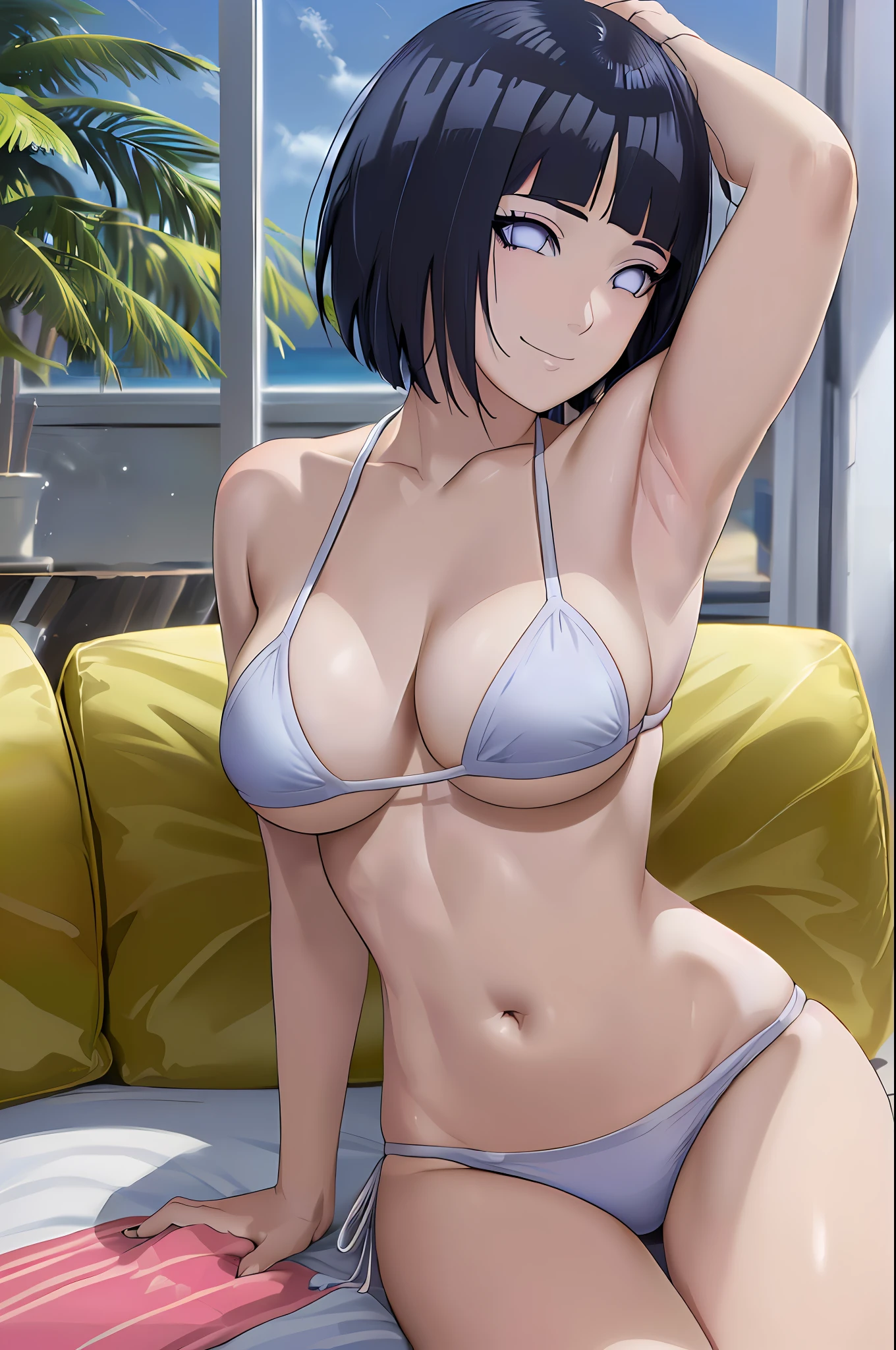 (masterpiece, anime style:1.9, bold drawing lines, plain, squating, bare body, BIG BREASTS, less clothing, taking off shirt, bare shoulders, sand on body, polished nails, seductive, very tight white micro bikini, no shirt, showing off), hinata\(boruto\), mature female, sunbathing, milf, (curvy:0.8), solo, short hair, hime cut, (dark blue hair color:1.1), white, flat belly, perfect eyes, anime eyes, smoky eyeliner, eyeshadow, perfect face, shy, sharp focus, professional artwork, intricate details, colorful, vibrant colors, vivid colors, digital blending, ultra detailed body, ultra detail hair, ultra detail face, trending on pixiv, kind smile, happy, very hot colors, sunrays, beaten, holding armpit, setting on couch, armpit on couch surface, leaning on couch, good lighting over body