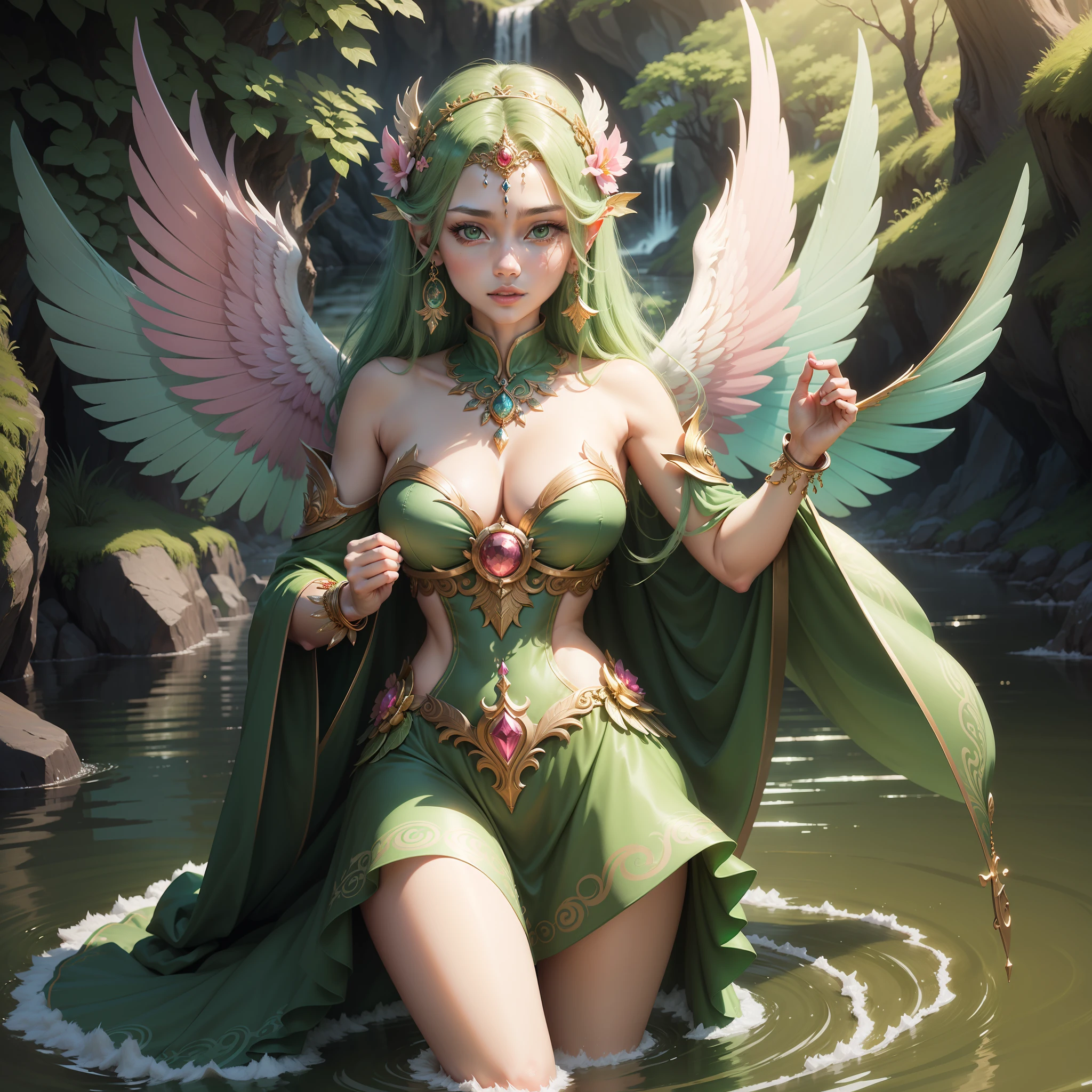 a woman in a green dress with pink wings standing in a river, a beautiful fantasy empress, anime goddess, ((a beautiful fantasy empress)), goddess of nature, beautiful goddess, mystical atlantean valkyrie, fantasy beautiful, of beautiful angel, goddess of beauty, goddess of summer, beautiful adult fairy queen, vibrant fantasy style, majestic wings, xianxia fantasy