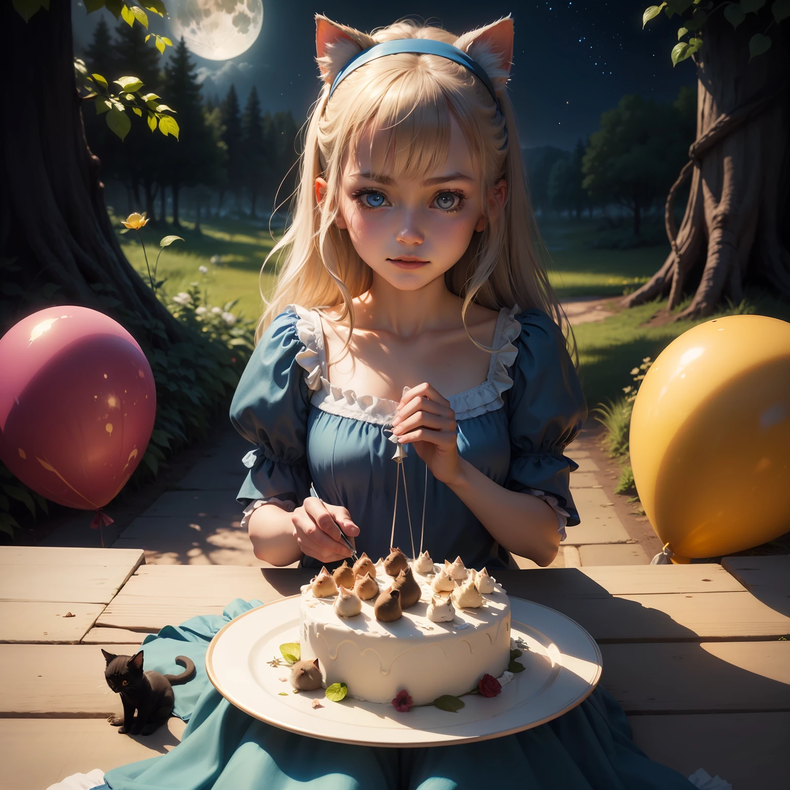 Alice in the wonderland, blue dress, white appron, black hairband, blonde hair, masterpiece, best quality, ultra-detailed, ground, fantasy, forest, (evening), nature, (stars, moon) cheerful, happy, kittens, cats around, balloon, party, birthday, cake, food (warm hue, warm tone): 1.2), close-up, cinematic light, side lighting, ultra high resolution, best shadow, RAW,
