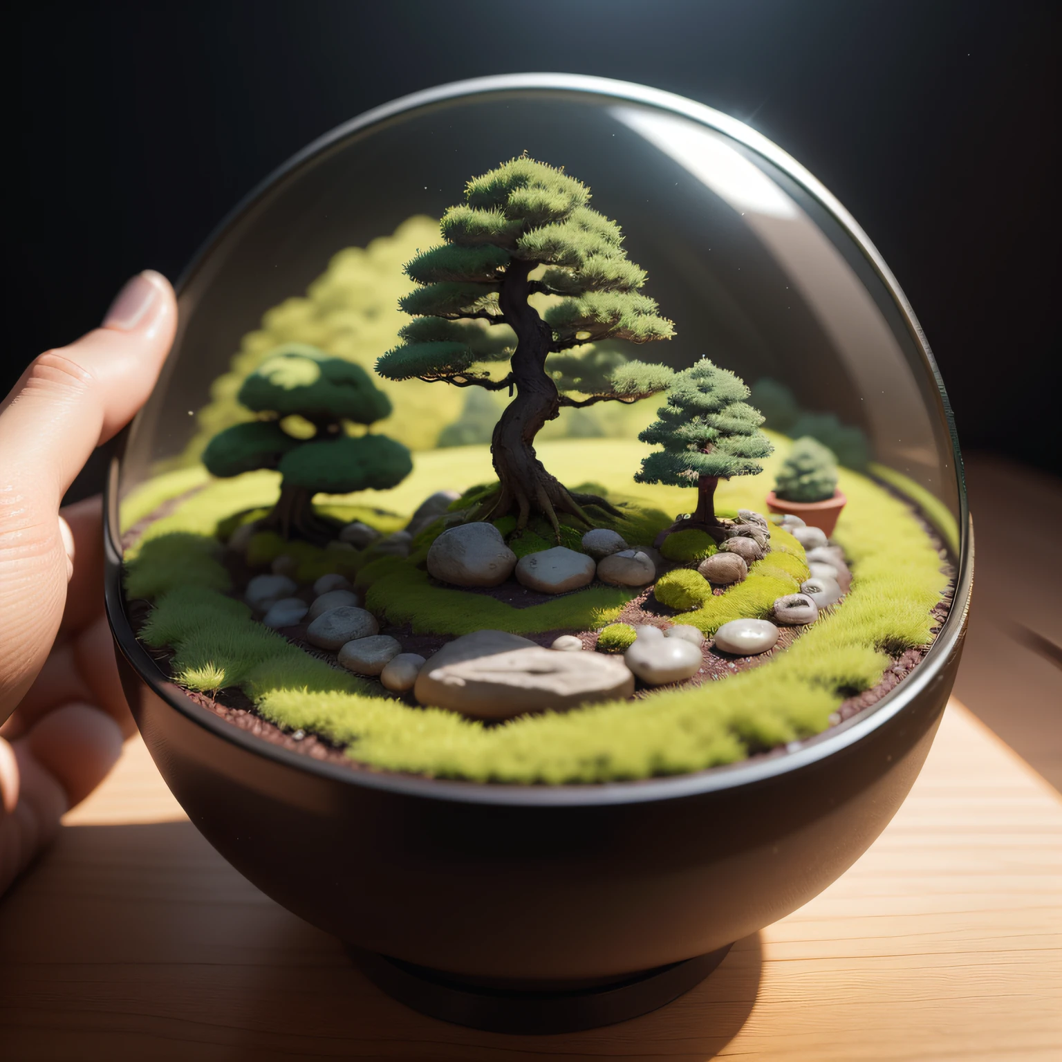 Miniature Bonsai landscape with dolls on top of Realistic, Photography, Studio lighting, shot by Phase One camera, HDR clarity detail, Hyperfocal length, 8K, Ultra Realistic