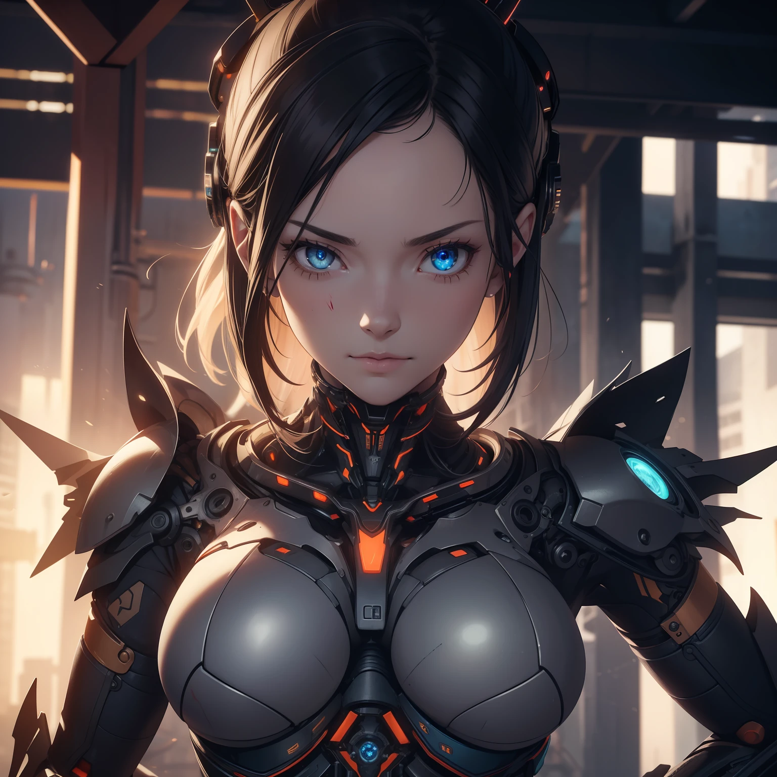 1mechanical girl,((ultra realistic details)), portrait, global illumination, shadows, octane render, 8k, ultra sharp,metal,intricate, ornaments detailed, cold colors, egypician detail, highly intricate details, realistic light, trending on cgsociety, glowing eyes, facing camera, neon details, machanical limbs,blood vessels connected to tubes,mechanical vertebra attaching to back,mechanical cervial attaching to neck,sitting,wires and cables connecting to head