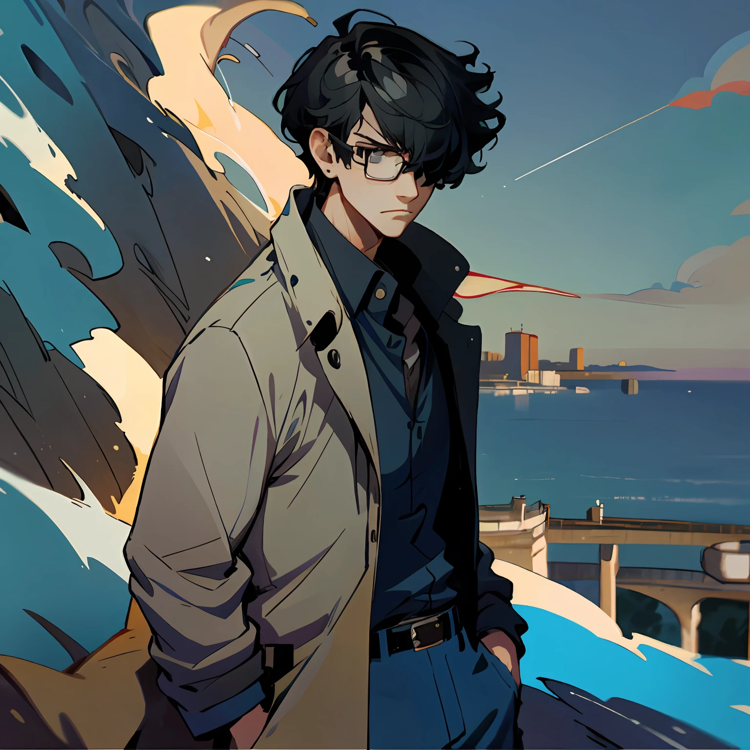 solo, 1boy, handsome,nate moore, glasses, bangs cover one eye, short black hair, cowboy shot, on a cliff, wind, clouds, dusk, side profile