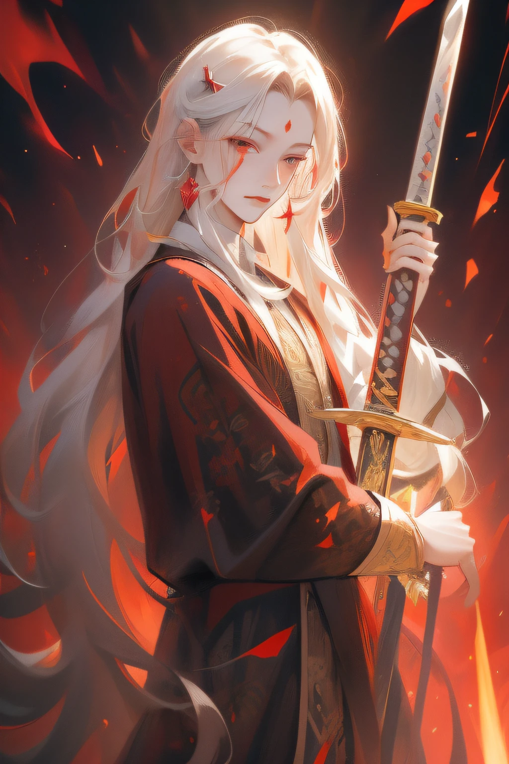 nsfw,tmasterpiece,Need,super-fine,Semi-realistic,Meticulous facial features,1boy,whaite hair,long whitr hair,Red smear,red - eyed,Wearing a delicate black fairy costume,Take a sword,casting spells