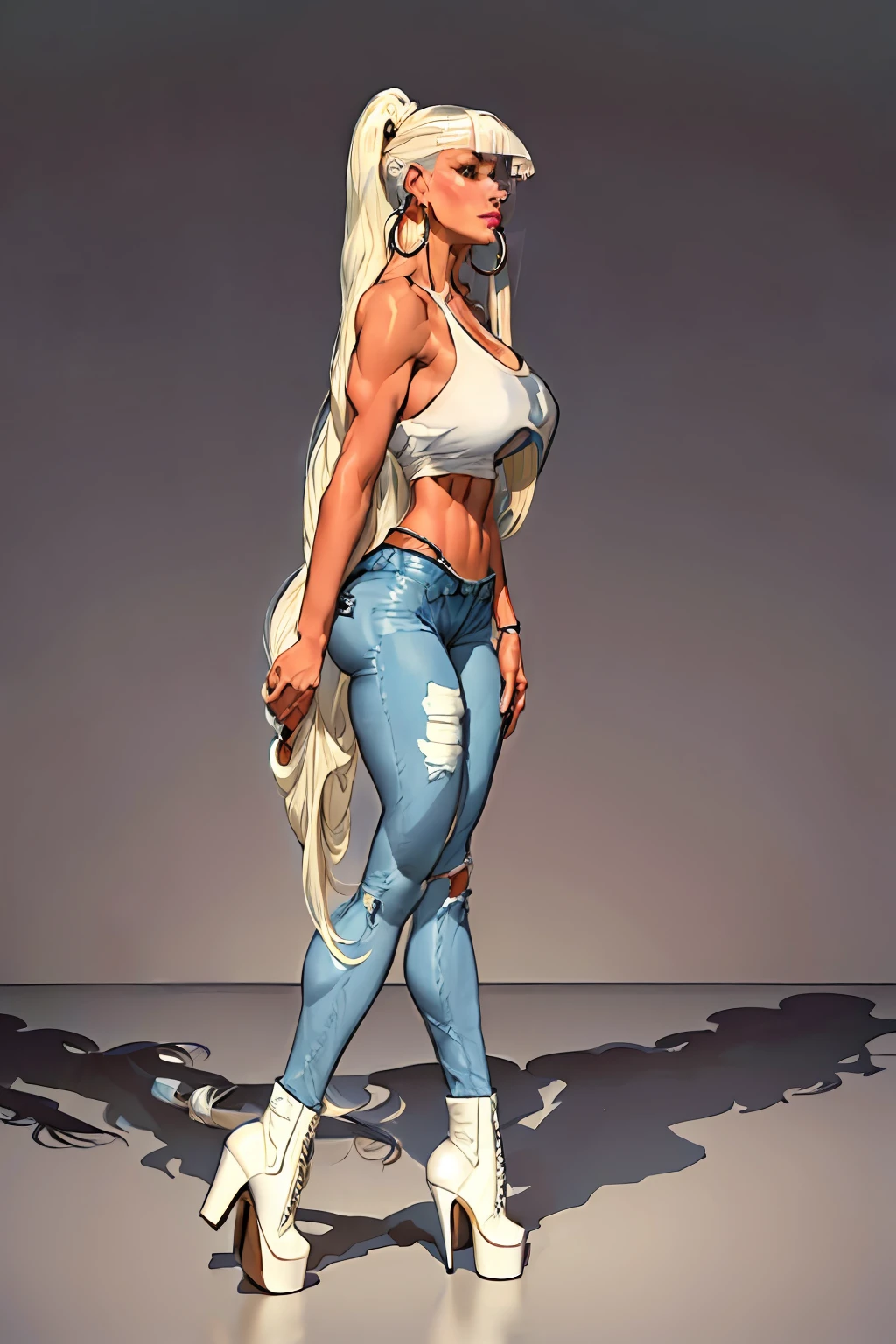 (3/4 view:1.4)(masterpiece:1.2, best quality), 1lady, solo, upper body, big tits, wide hips,
light blue wash skinny jeans, white tank top, midriff exposed, high heel boots
Loose waves, platinum blonde, (long hair bangs:1.6), long ponytail,
simple hoop earrings