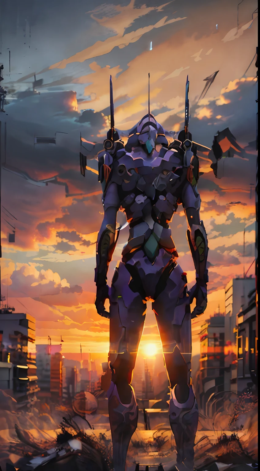 eva01,Stand up，Sunset background，urban backdrop，depth of fields，etchings，8K，最好质量