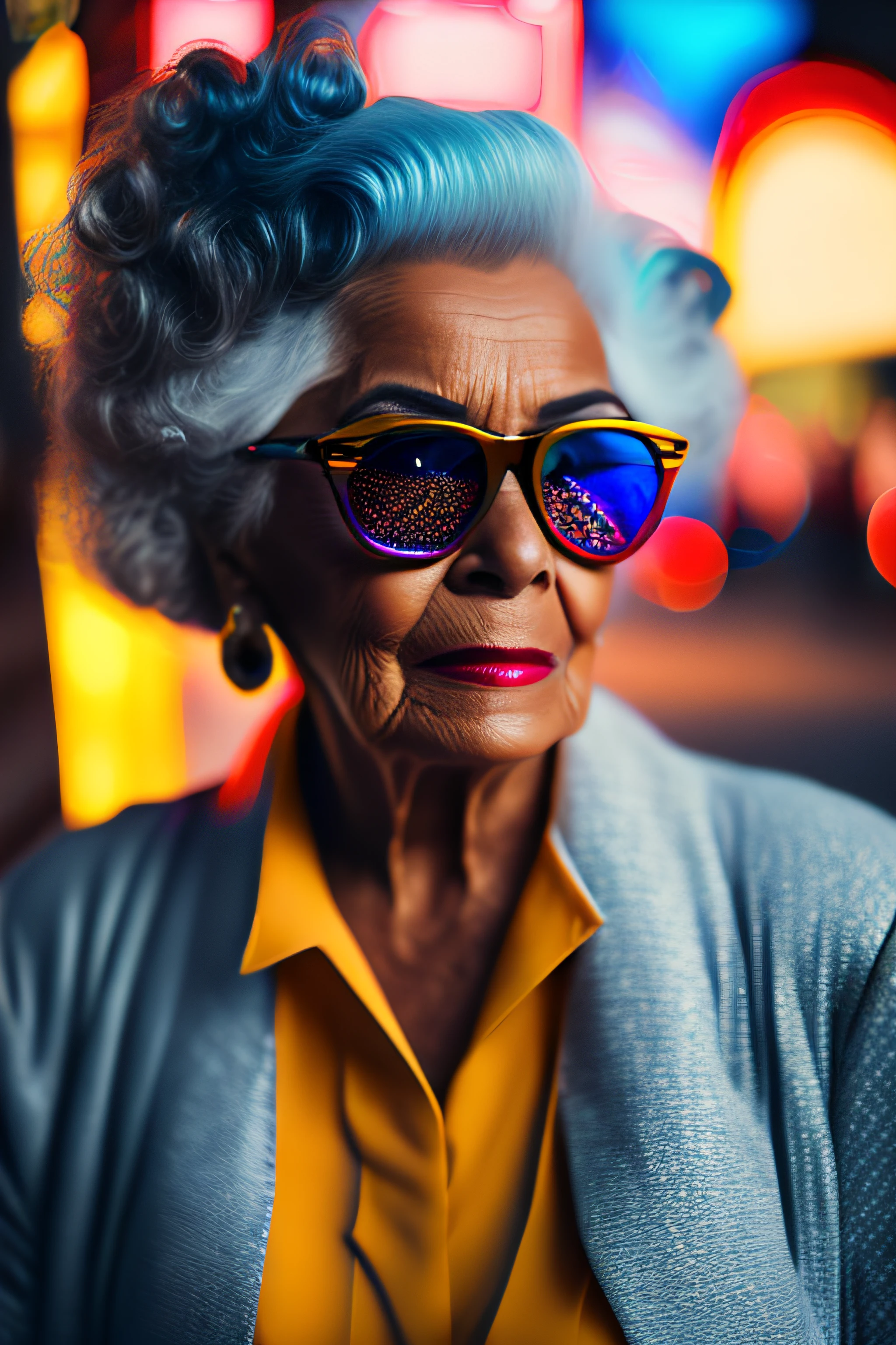 (fashionista portrait elderly brazilian woman, 1950s with intricate colorful modern bright polarized glasses), flufly chlorful hair, serious expression (Extremely detailed digital photography: 1.2), standing in the middle of the city, (((full body))), raw image,, Hasselblad, 50asa, f8, 12mm, glow effects, godrays, hand drawn, render, 8k, octane render, cinema 4d, blender, dark, atmospheric 4k ultra detailed, sensual cinematic, sharp focus, humorous illustration, great depth of field, masterpiece, colors, 3d octane rendering, 4k, concept art, trend in artstation, hyperrealistic, vivid colors, rim light, extremely detailed CG 8k wallpaper unit, trend in ArtStation, trend in CGSociety, Pop Art style by Yayoi Kusama, Intricate, High Detail, dramatic
, pure energy, light particles, sci-fi