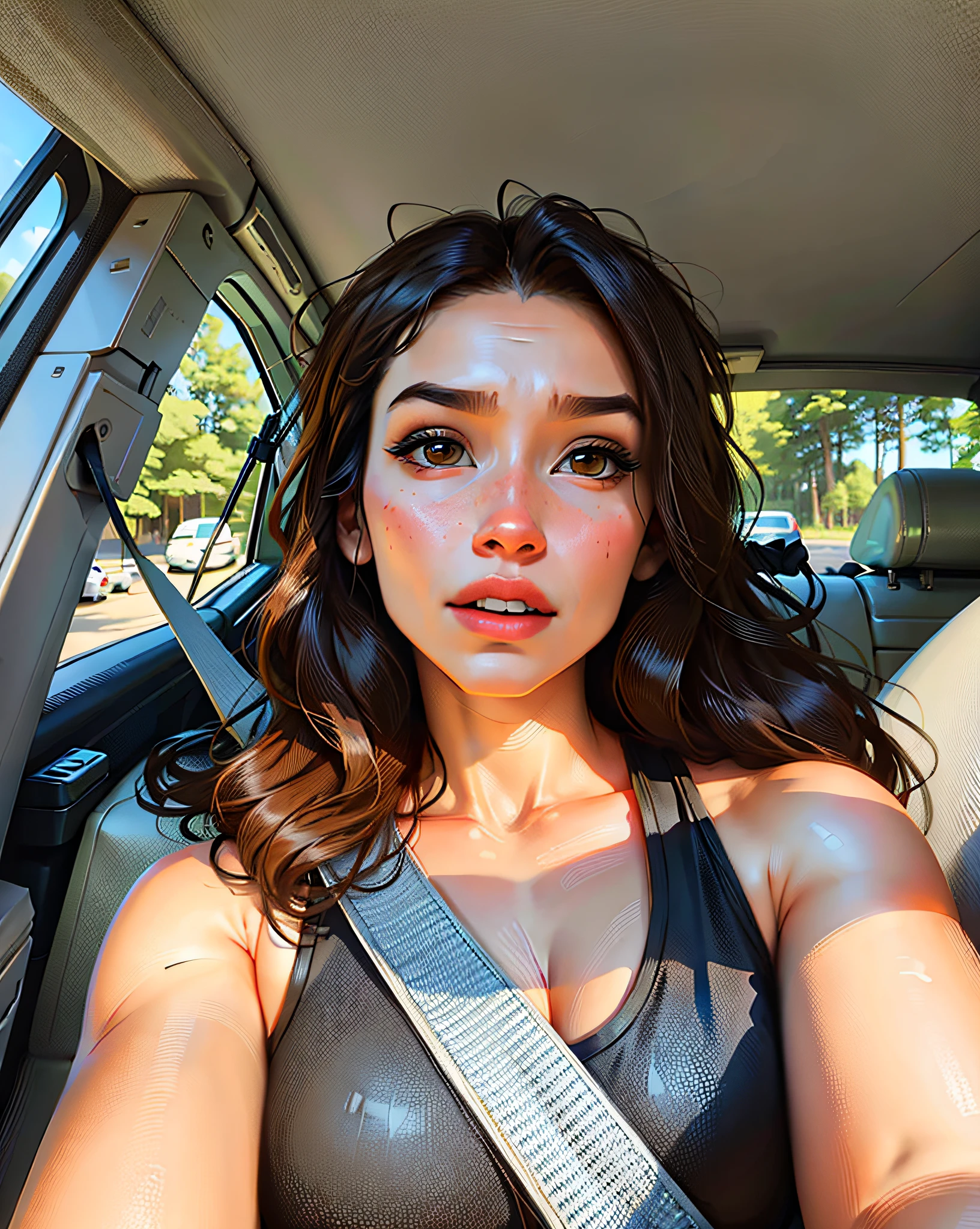 a hyper-realistic portrait of a young woman, in the middle of nature, 22 years old, realistic, (lying on her side), sexy, (huge breasts 2:1), short brown hair, (hair tied with bows), curved, SFW