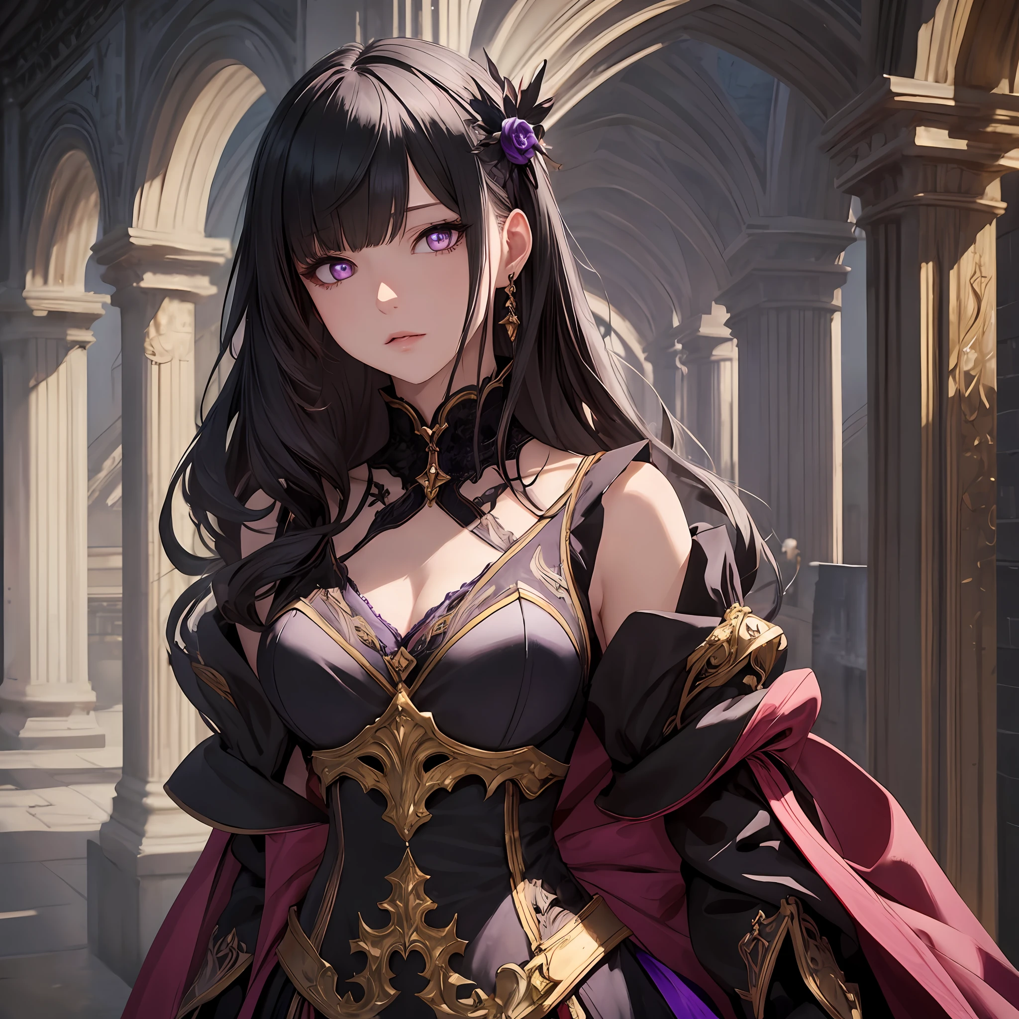 masterpiece, best quality, 1woman, adult, female focus, solo, Black hair, vibrant purple eyes, looking at viewer, closed mouth, bangs, Fantasy aesthetics, Highly detailed, shadowverse style, black dress