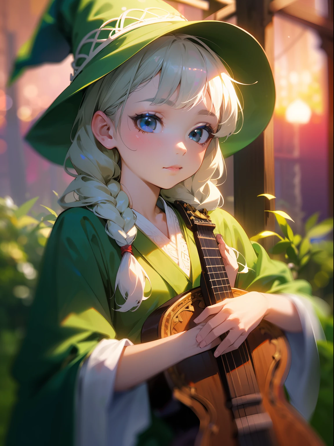 (Pretty little girl with braids wearing a green witch's hat), (cute girl about 10 years old), playing the lute, simple green witch hat,(masterpiece), (extremely intricate:1.3), (realistic), portrait of a little girl, the most beautiful in the world, (green witch's robe) , upper body, forest, intense sunlight, professional photograph of a stunning girl detailed, sharp focus, dramatic, award winning, cinematic lighting, , volumetrics dtx, (film grain, blurry background, blurry foreground, bokeh, depth of field, sunset, motion blur:1.3),Realism,Oversized shirt,black eyes