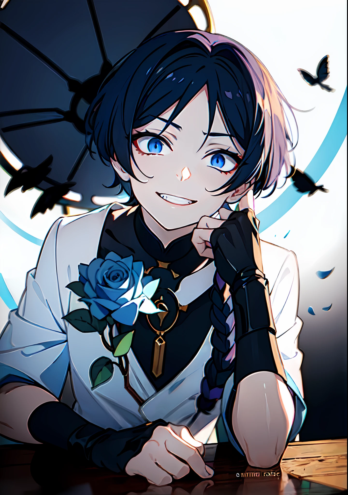 1boy, (solo:1.2), ((masterpiece)), pale skin, ((detailed eyes)), (bokeh effect), short hair, dark blue hair, suits, roses, sitting, table, smirk