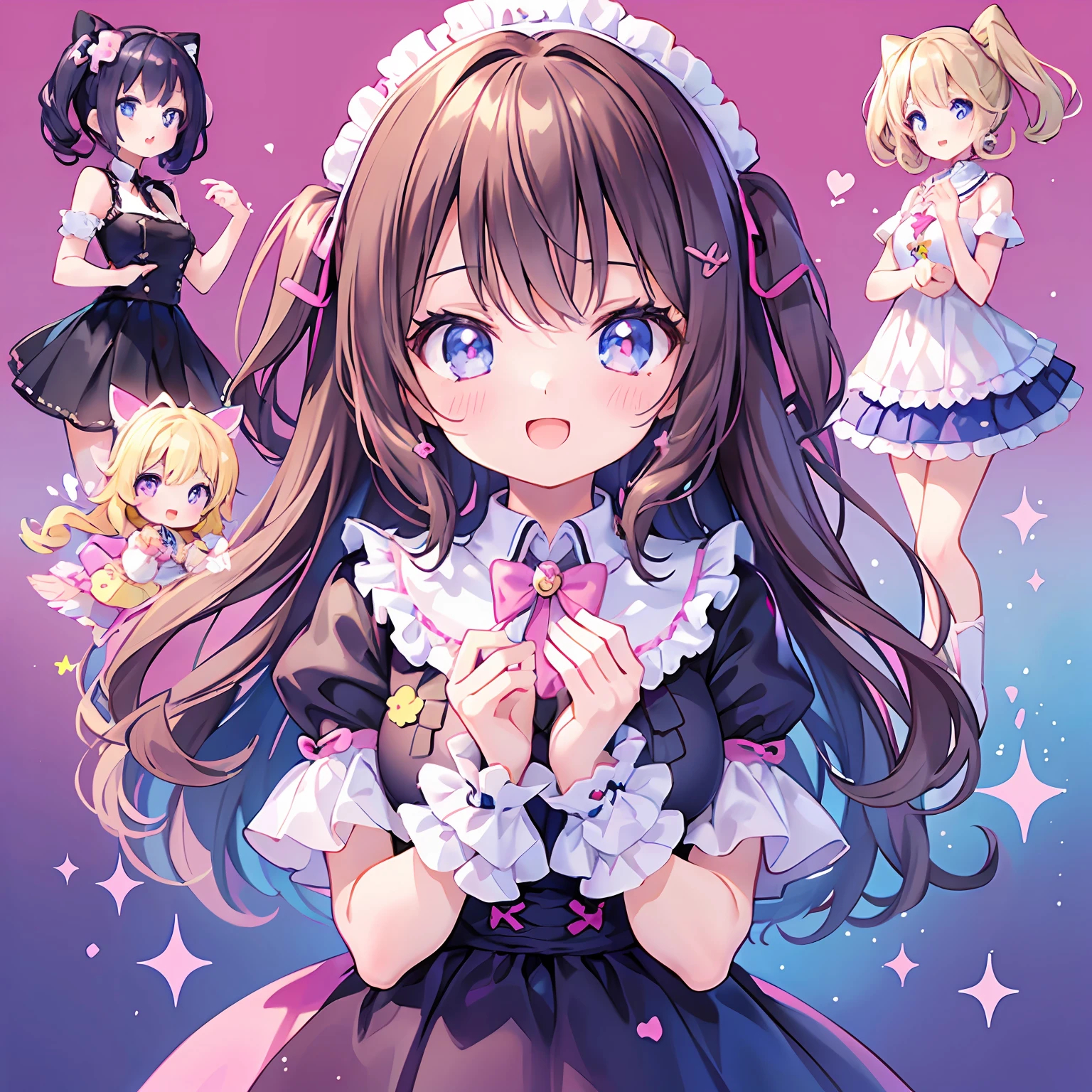 masterpiece, (2girls and 2girls and 2girls and 2girls), idol, closeup, big eyes, kawaiitech, kawaii, cute, pastel colors, best quality, happy, deep background, symmetrical, tilted head, spring, cover, title