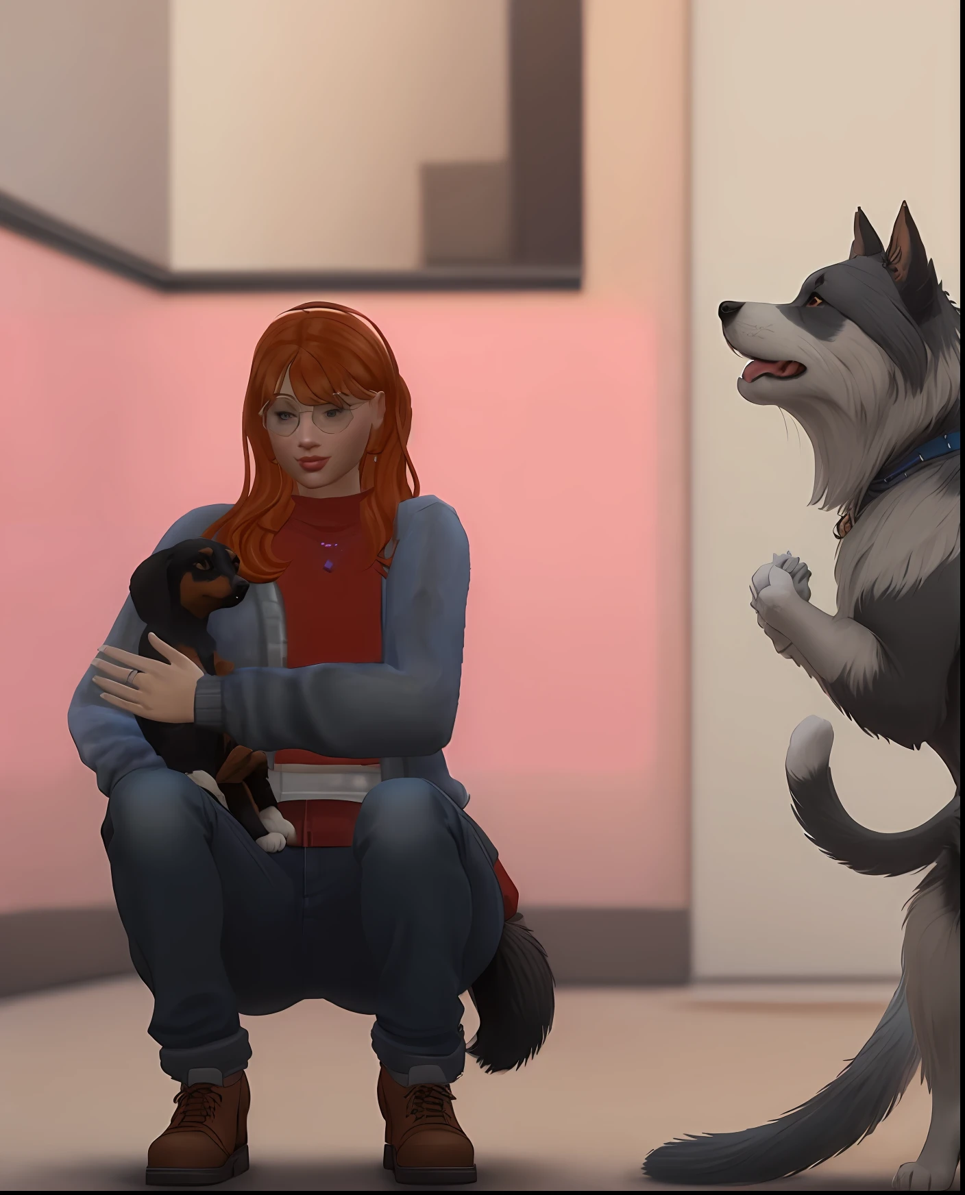 Araffe woman holding a small dog in her arms, segurando seu yorkshire terrier, she is holding a cat in her arms, Os Sims 4, ela tem cabelos longos e redorange, medium detail, Ela tem longos cabelos castanhos alaranjados, Sims 4 Captura de tela, Textura dos Sims 4, ela tem cabelos ruivos, mid closeup, inspirado em Kaja Foglio