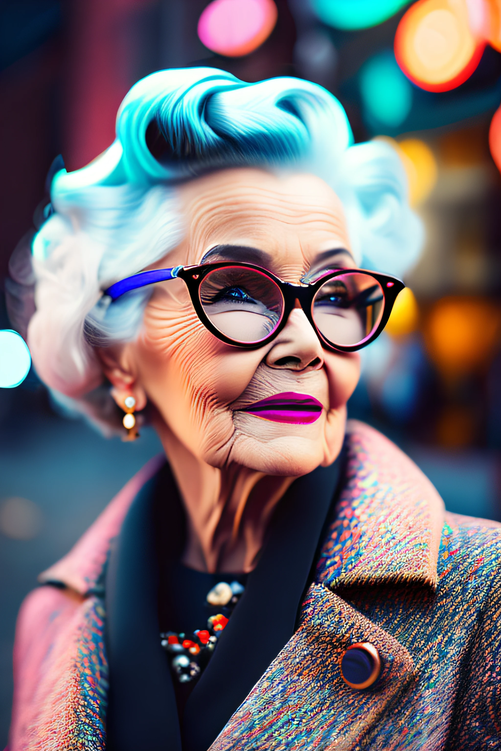 (fashionista portrait elderly woman, 1950s with intricate colorful modern bright colored glasses), c0lorful cute hair, smiling expression, (extremely detailed digital photography: 1.2), standing in the middle of the city, ((((full body)))), raw image,, Hasselblad, 50asa, f8, 12mm, glow effects, godrays, hand drawn, render, 8k, octane render, cinema 4d, blender, dark, atmospheric 4k ultra detailed, sensual cinematic, sharp focus, humorous illustration, great depth of field, masterpiece, colors, 3d octane rendering, 4k, concept art, trend in artstation, hyperrealistic, vivid colors, rim light, extremely detailed CG 8k wallpaper unit, trend in ArtStation, trend in CGSociety, Pop Art style by Yayoi Kusama, Intricate, High Detail, dramatic
, pure energy, light particles, sci-fi