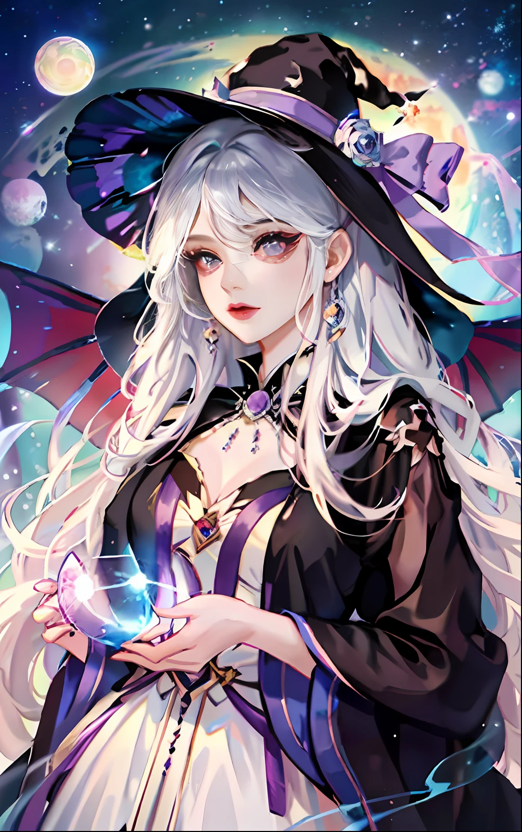 Gorgeous Hair in Long Purple,The Witch,a black cloak,Wearing lolita,Wear a magic hat on your head,Crystal ball in hand,starryskybackground,the bats,Girl body type,Magic Book,Korean comic style,Delicate facial features,The painting style is delicate,a beauty girl