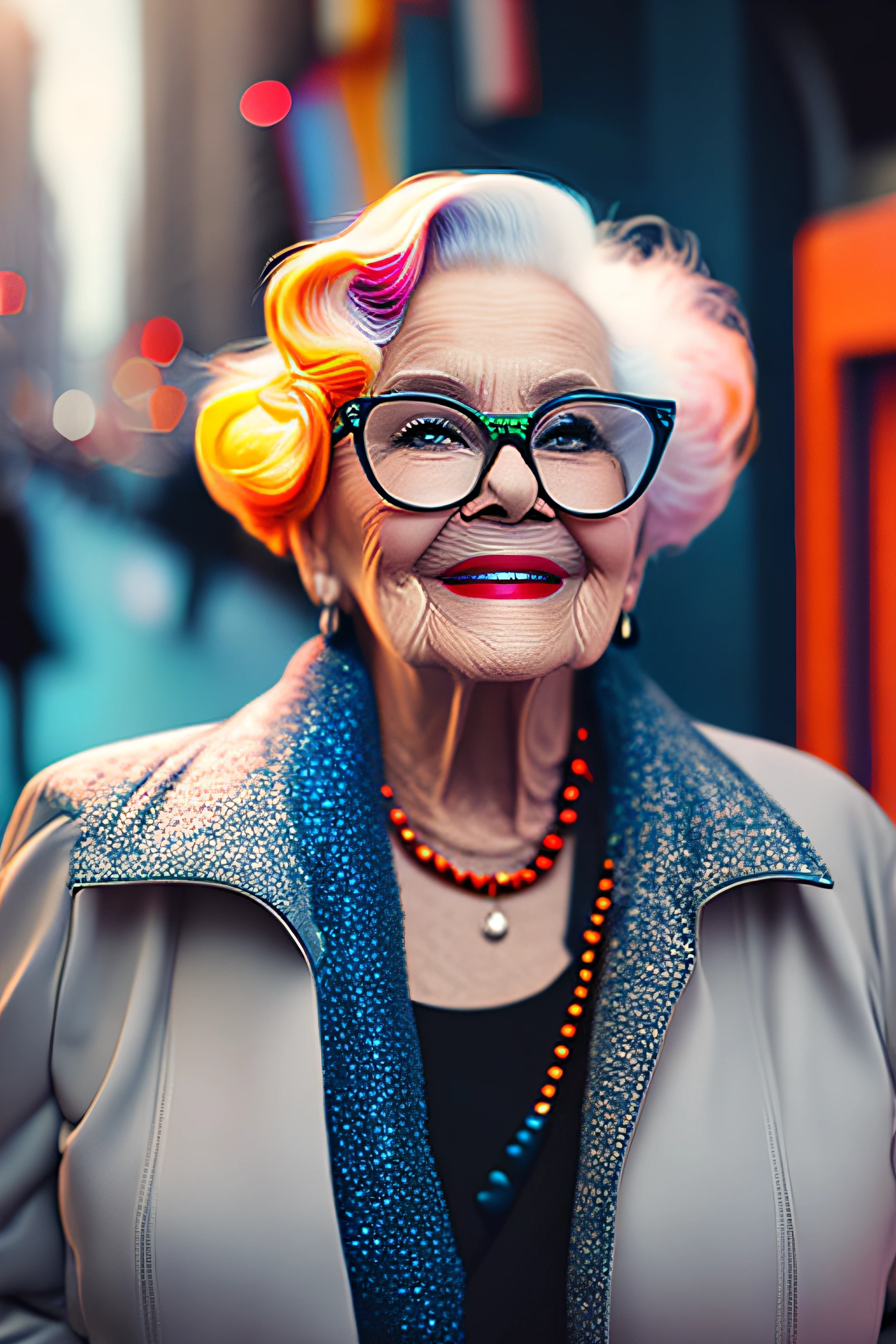 (fashionista portrait elderly woman, 1950s with intricate colorful modern bright colored glasses), c0lorful cute hair, smiling expression, (extremely detailed digital photography: 1.2), standing in the middle of the city, ((((full body)))), raw image,, Hasselblad, 50asa, f8, 12mm, glow effects, godrays, hand drawn, render, 8k, octane render, cinema 4d, blender, dark, atmospheric 4k ultra detailed, sensual cinematic, sharp focus, humorous illustration, great depth of field, masterpiece, colors, 3d octane rendering, 4k, concept art, trend in artstation, hyperrealistic, vivid colors, rim light, extremely detailed CG 8k wallpaper unit, trend in ArtStation, trend in CGSociety, Pop Art style by Yayoi Kusama, Intricate, High Detail, dramatic
, pure energy, light particles, sci-fi