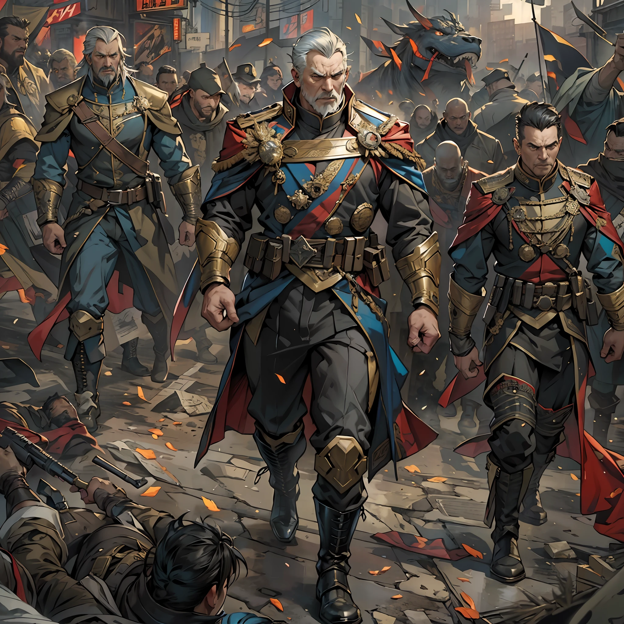 Marvel Commander、Middle Age、Old General、Uncle。Heavy and deep scenes、Majestic background、karo、feeling of despair、Stunned expression、climax、Cyberpunk-inspired details、triumph、Parade Premium Military Uniform、victory、Details painted with realism