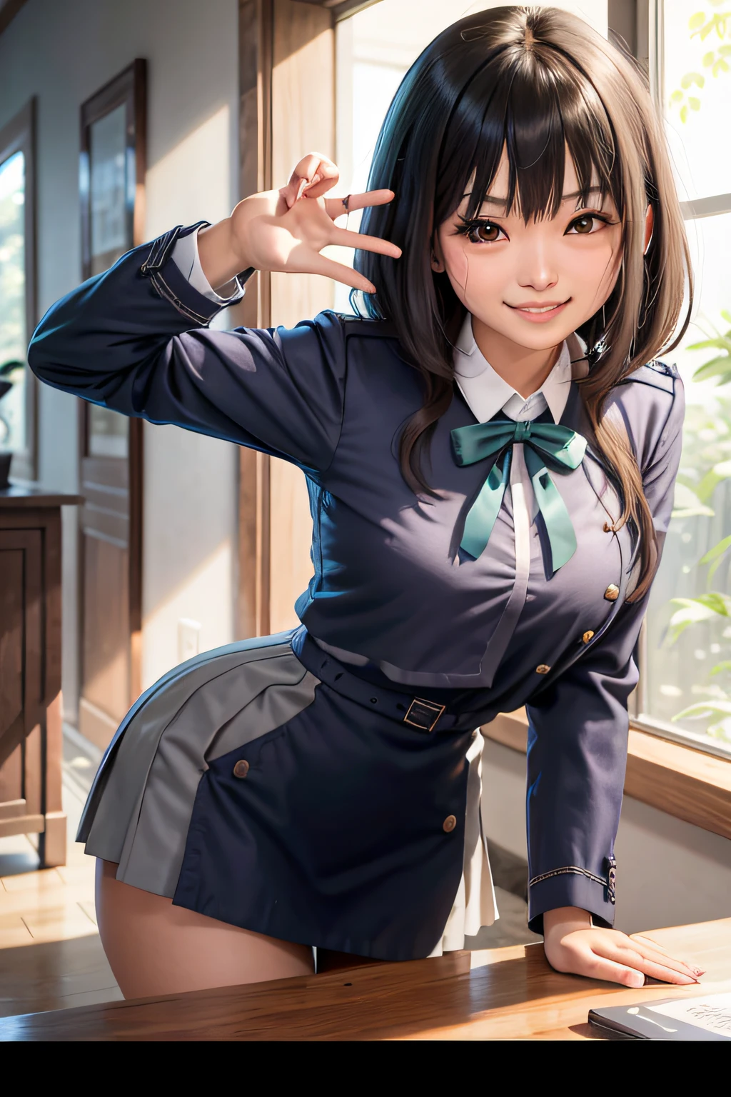 Takina inoue, obra prima, qualidade superior, 1 rapariga, solo, cabelo longo preto, camisa branca, saia plissada preta, peito para fora, blush vermelho, cheio de timidez, pose sexy, um sorriso, em uma casa, Sala de aula, uma cadeira, trabalho de mesa, janela, sentado;, middlebreasts, decote, saia curta