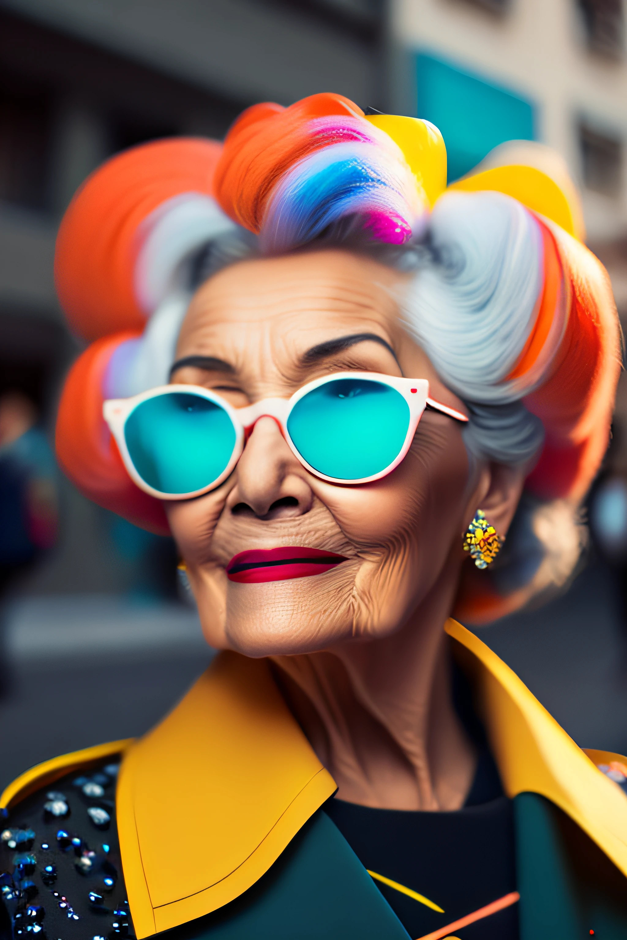 (fashionista portrait elderly woman, 1950s with intricate colorful modern bright colored glasses), c0lorful cute hair, smiling expression, (extremely detailed digital photography: 1.2), standing in the middle of the city, ((((full body)))), raw image,, Hasselblad, 50asa, f8, 12mm, glow effects, godrays, hand drawn, render, 8k, octane render, cinema 4d, blender, dark, atmospheric 4k ultra detailed,  sensual cinematic, sharp focus, humorous illustration, great depth of field, masterpiece, colors, 3d octane rendering, 4k, concept art, trend in artstation, hyperrealistic, vivid colors, rim light, extremely detailed CG 8k wallpaper unit, trend in ArtStation, trend in CGSociety, Pop Art style by Yayoi Kusama, Intricate, High Detail, dramatic
, pure energy, light particles, sci-fi