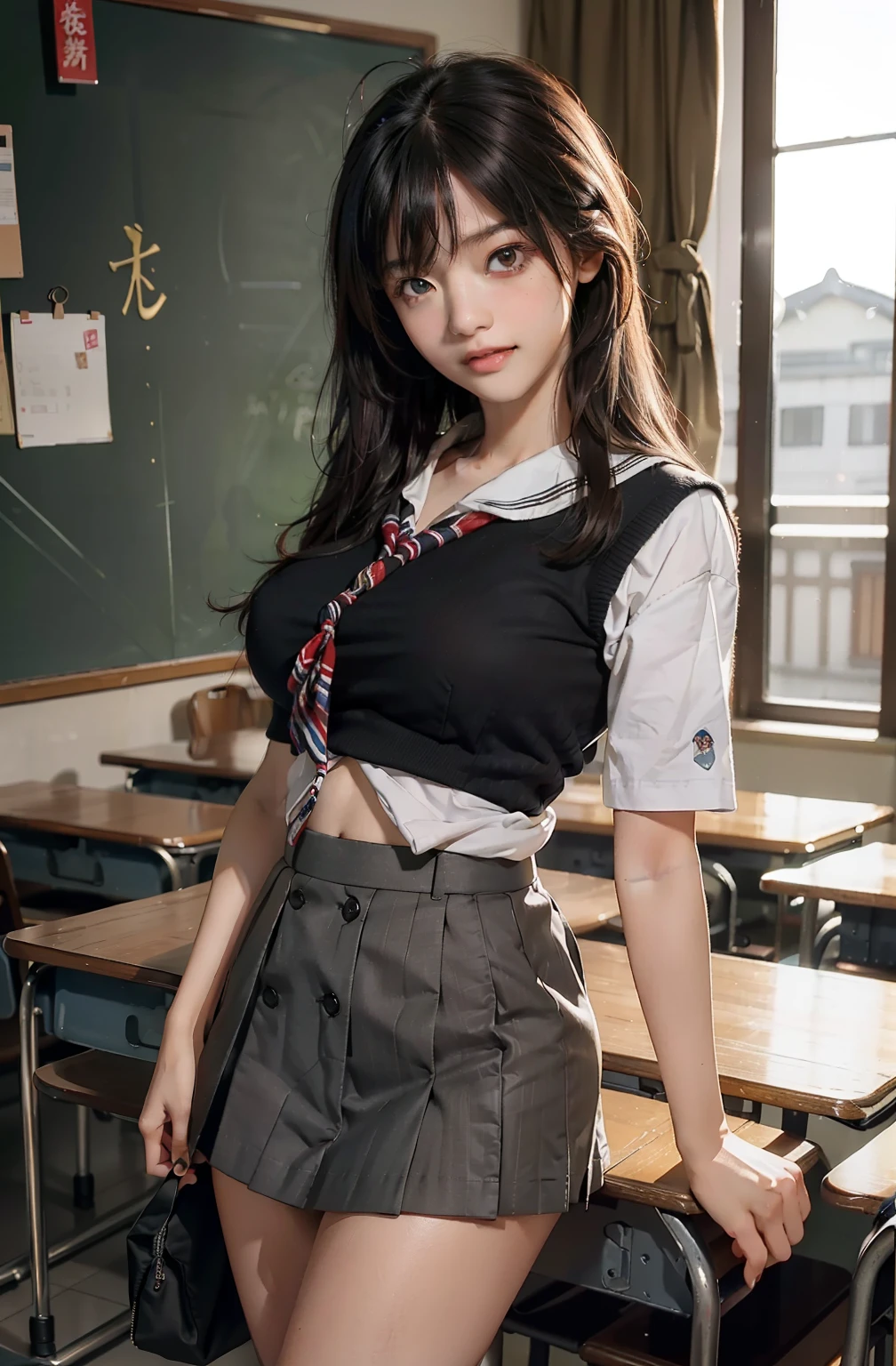 top-quality、​masterpiece、超A high resolution、(Photorealsitic:1.4)、Raw photo、女の子1人、Brown hair with bangs、drooing eyes、thin-waist、Colossal tits、Japan girl sailor suit、Black miniskirt、Inside the classroom、slim figure、Light smile with visible teeth