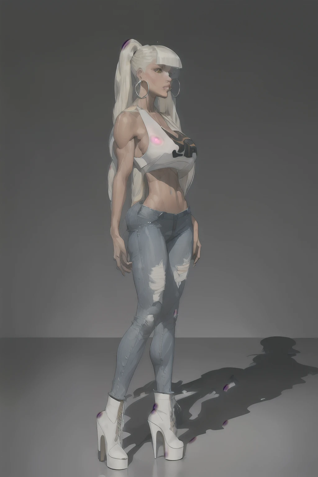 (3/4 view:1.4)(masterpiece:1.2, best quality), 1lady, solo, upper body, big tits, wide hips,
light blue wash skinny jeans, white tank top, midriff exposed, high heel boots
Loose waves, platinum blonde, (long hair bangs:1.6), long ponytail,
simple hoop earrings