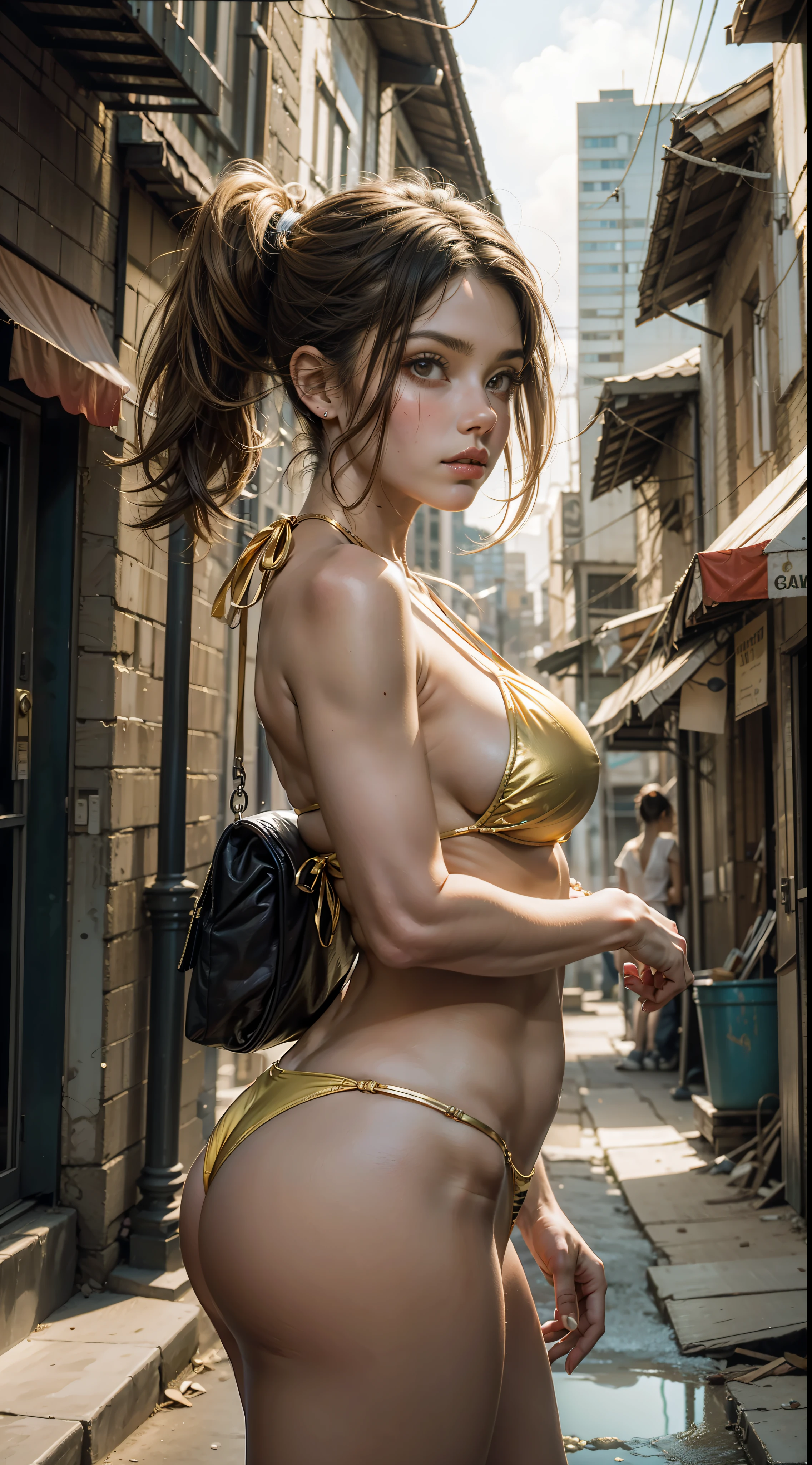 1 Garota afro americana guerreira 18 anos,seios grandes,corpo inteiro,perfeita,8k surrealismo, Lateral angle,in an apocalyptic city,distortionless,no freak, golden bikini,Cabelo pigtails