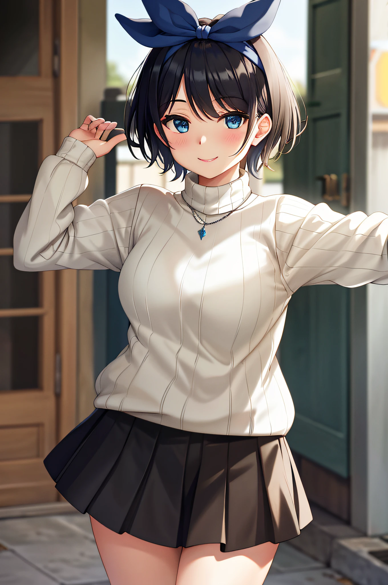 masterpiece, best quality, highres, 1girl, solo, jewelry, skirt, sweater, necklace, black skirt, black hair, short hair, ribbed sweater, socks, turtleneck sweater, turtleneck, white socks, blue eyes, long sleeves, pleated skirt, ribbon, breasts, bow, hair ribbon, hairband, hair bow, bangs, large breasts, sarashina ruka, , cowboy shot, smile,