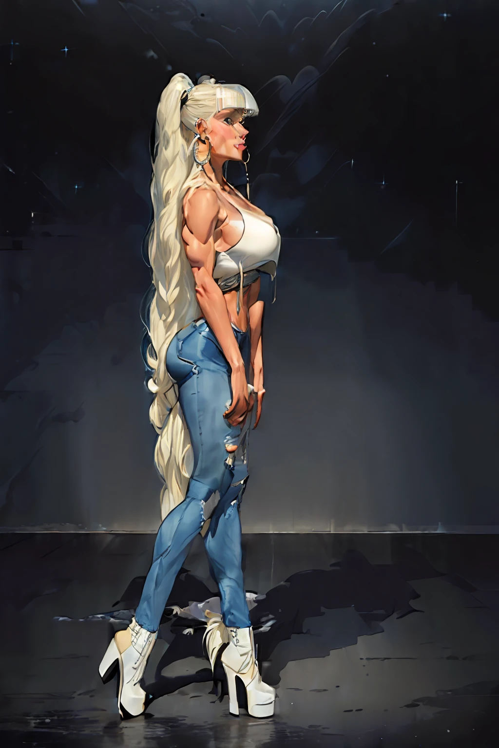 (3/4 view:1.8)(masterpiece:1.2, best quality), 1lady, solo, upper body, big tits, wide hips,
light blue wash skinny jeans, white tank top, midriff exposed, high heel boots
Loose waves, platinum blonde, (long hair bangs:1.6), long ponytail,
simple hoop earrings