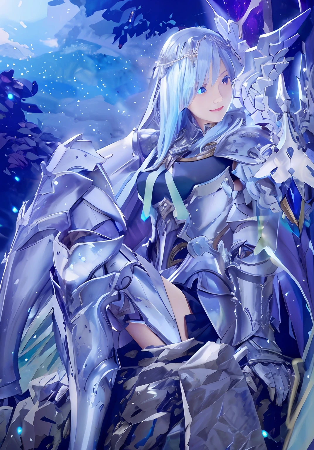photorealistic image of a characters sitting on a rock, sliver ice color reflected armor, in opal armor, high detailed official artwork, portrait valkyrie girl, knights of valkyrie girl, covered in full silver armor, armor girl, fus rei, highly detailed exquisite fanart, blue and ice silver color armor, detailed key anime art, pale blue armor, slightly blue hair, dazzling smile, lover longing