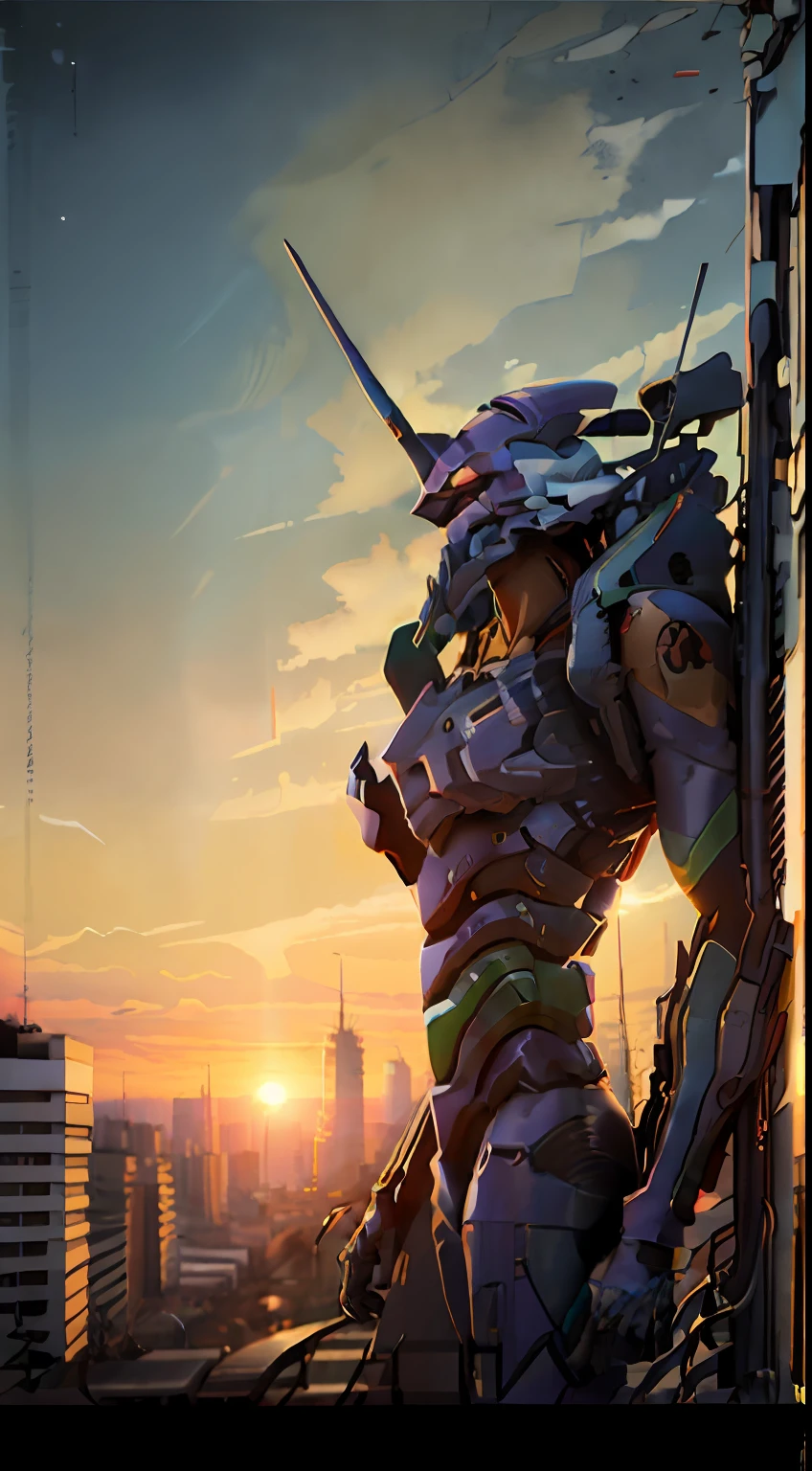 eva01,Stand up,Sunset background,urban backdrop,depth of fields,etchings,8K,最好质量
