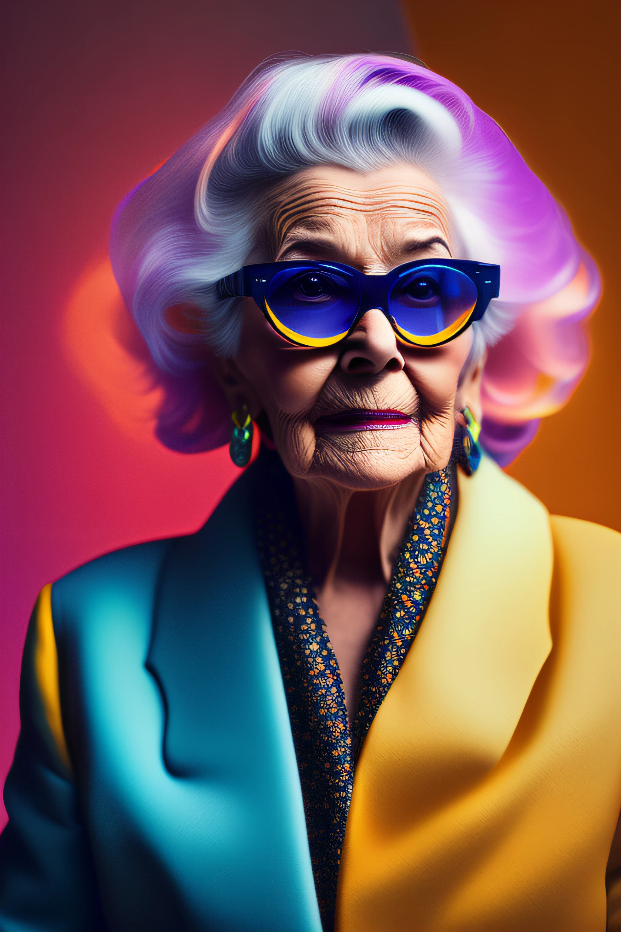 (fashionista portrait An older, elderly, European face, with yellow glasses, 1950s with intricate modern colorful bright vintage colored glasses), a photorealistic painting by Derek Zabrocki, hair with colorful flowers, expression would be, (extremely detailed digital photography: 1.2), standing in the middle of the city, (((full body)))), raw image,, Hasselblad, 50asa, f8, 12mm, glow effects, godrays, hand-drawn, render, 8k, octane render, cinema 4d, blender, dark, atmospheric 4k ultra detailed, sensual cinematic, sharp focus, very serious illustration great depth of field, masterpiece, colors, 3d octane rendering, 4k, concept art, trend in artstation, hyperrealistic, vivid colors, rim light, extremely detailed CG 8k wallpaper unit, trend in ArtStation, trend in CGSociety, Pop Art style by Yayoi Kusama, Intricate, High Detail, dramatic, pure energy, light particles, sci-fi