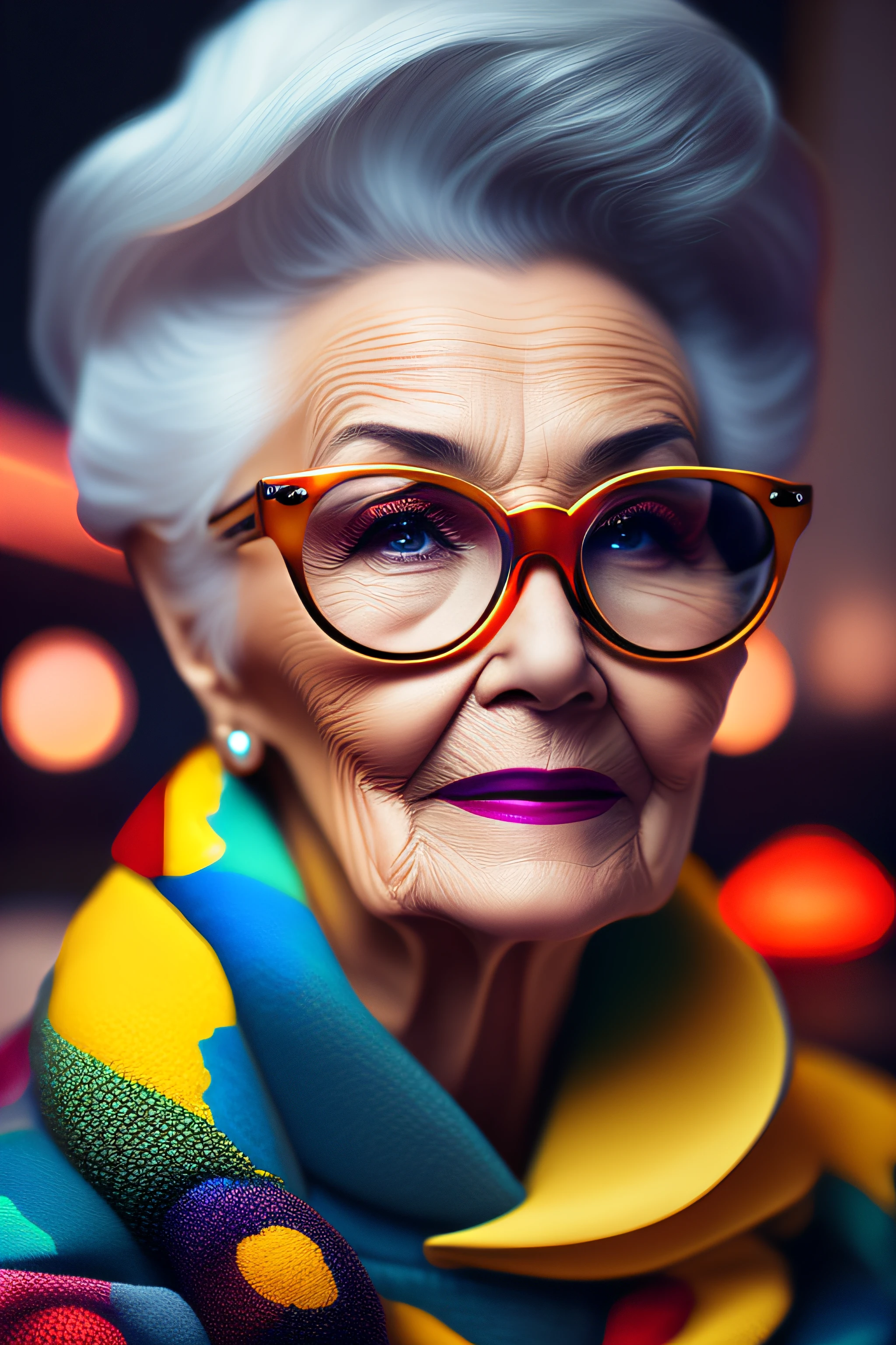 (fashionista portrait An older, elderly, European face, with yellow glasses, 1950s with intricate modern colorful bright vintage colored glasses), a photorealistic painting by Derek Zabrocki, hair with colorful flowers, expression would be, (extremely detailed digital photography: 1.2), standing in the middle of the city, (((full body)))), raw image,, Hasselblad, 50asa, f8, 12mm, glow effects,  godrays, hand-drawn, render, 8k, octane render, cinema 4d, blender, dark, atmospheric 4k ultra detailed, sensual cinematic, sharp focus, very serious illustration great depth of field, masterpiece, colors, 3d octane rendering, 4k, concept art, trend in artstation, hyperrealistic, vivid colors, rim light, extremely detailed CG 8k wallpaper unit, trend in ArtStation,  trend in CGSociety, Pop Art style by Yayoi Kusama, Intricate, High Detail, dramatic, pure energy, light particles, sci-fi