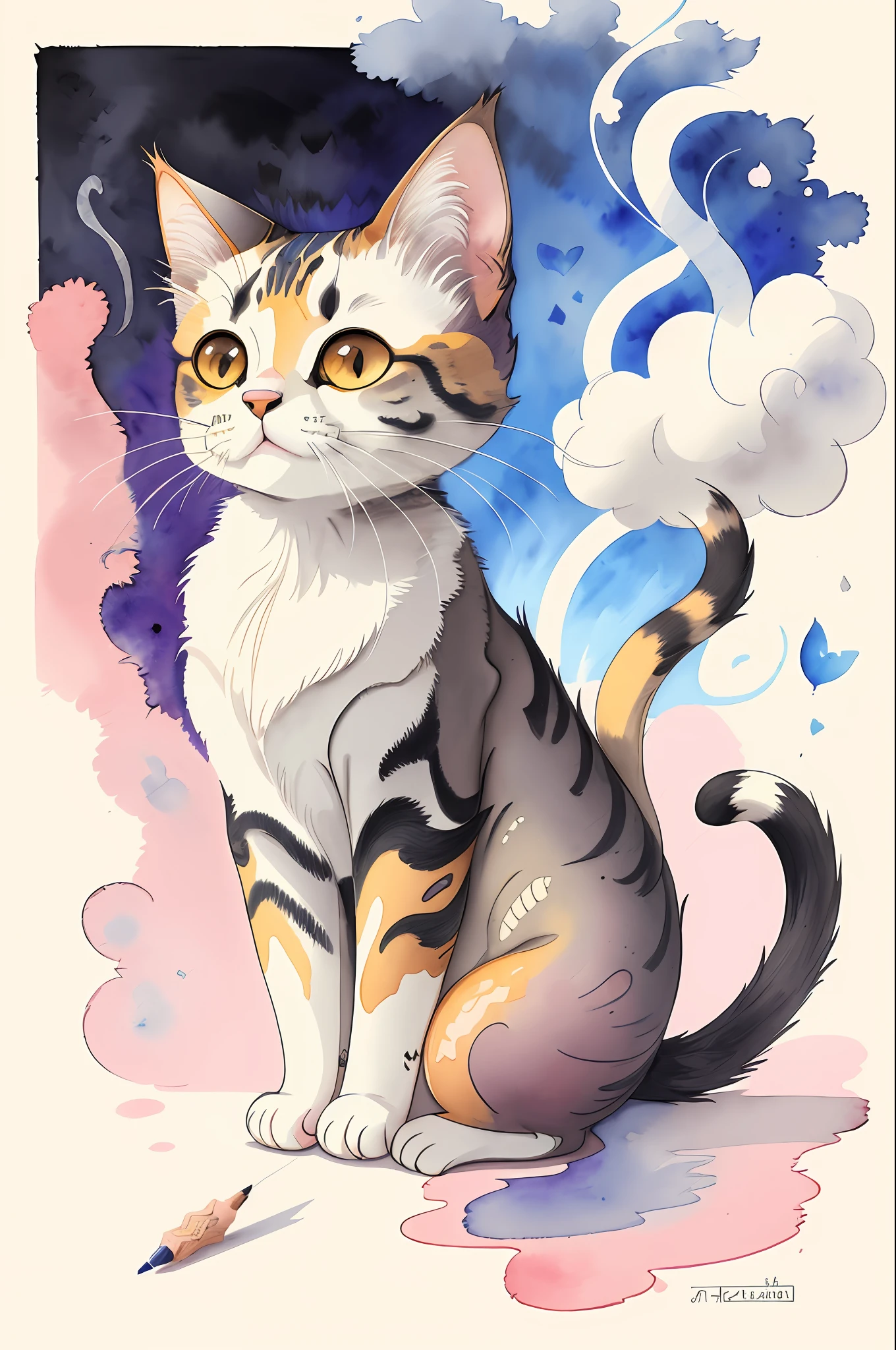 "Create a cute cat clipart with smokes, showcasing intricate details and a blend of pencil drawing and watercolor painting. The artwork should have an abstract style, resembling a masterpiece of the highest quality. Check out similar works on artstation for inspiration."