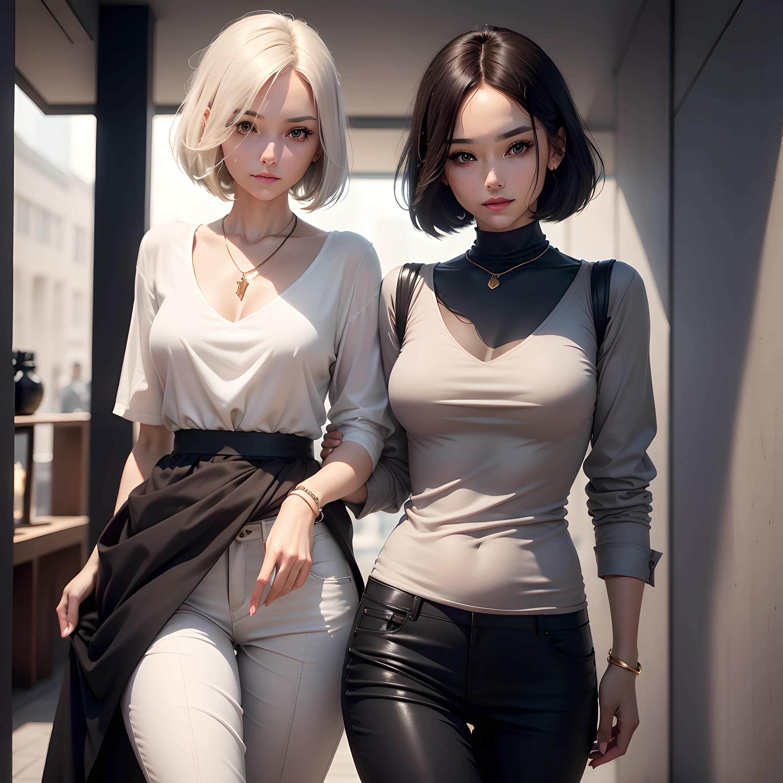 (masterpiece, best quality), (finely detailed beautiful eyes), (finely detailed eyes and detailed face), (scenery), (extremely detailed CG, ultra-detailed, best shadow), ((depth of field)), beautiful concept illustration, (illustration), (extremely fine and beautiful), (perfect details), cowboy shot, young girl, smile, happy, Mode Girls Cool and sophisticated hairstyle, Bob cut, short hair, medium hair, Simple styling, sharp lines, Natural and elegant makeup, To make the skin shine and bring out a sense of transparency, Simple eye makeup, mascara, Lips are subdued or  colors, Minimalism, monotone, simple color palettes, Clean, sharp designs, flowing silhouettes, Tight skirts and pants, high-waisted skirts and pants, simple dresses, shirts and blouses, asymmetrical, geometric, Elegant and luxurious materials and designs, Simple, minimal accessories, Slim necklaces and rings in silver or gold, Simple bangles, Distinctive designs, simple silhouettes, chic and mature impression, simple and sophisticated style, elegance, minimalism, high quality materials, cool and urban impression, high fashion, , simplicity and sophistication,
