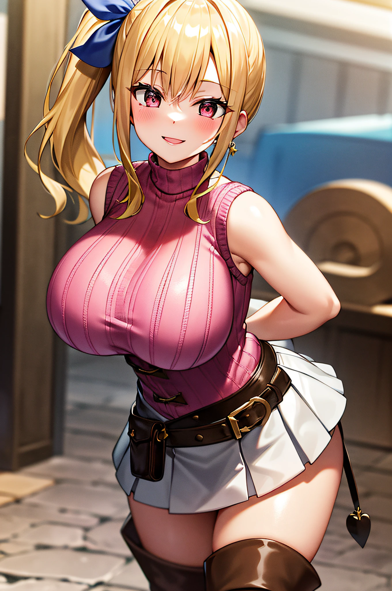 Masterpieces, best quality, High Definition, Lucy Heartphilia, Blonde hair, Long hair, Side Ponytail, Blue Ribbon, large full breasts, Earring, (Perfect beautiful pink sleeveless knit:1.4)、Thigh boots, White skirt, Smiling face, plein air, Cowboy Shot, shiny oily skin with high contrast,, huge long breasts, Naughty big、Big breasts emphasis、Naughty thighs、H cup、Solo、