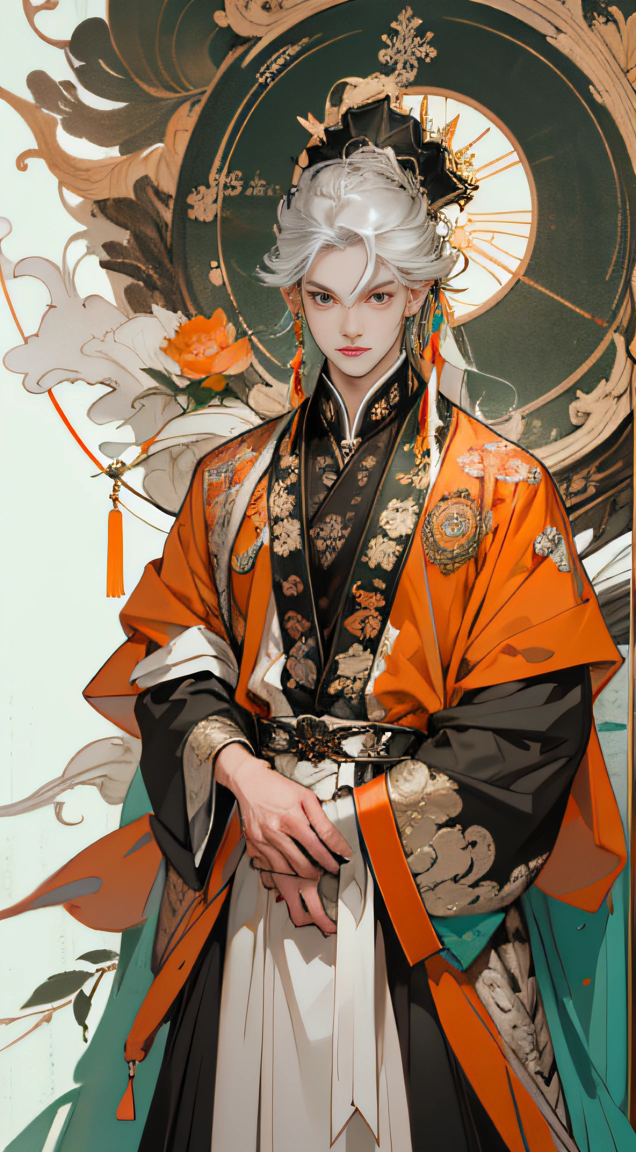 green color:1.5,Orange:1.1,white colors:1.3,amarelo:1.3,（Handsome boy, Long flowing silver hair), Fashionable clothing, Charming eyes，ellegance，Abstract line and circle background，high qulity，Ultra-clear details，tmasterpiece，Works of masters，winning artwork，8K