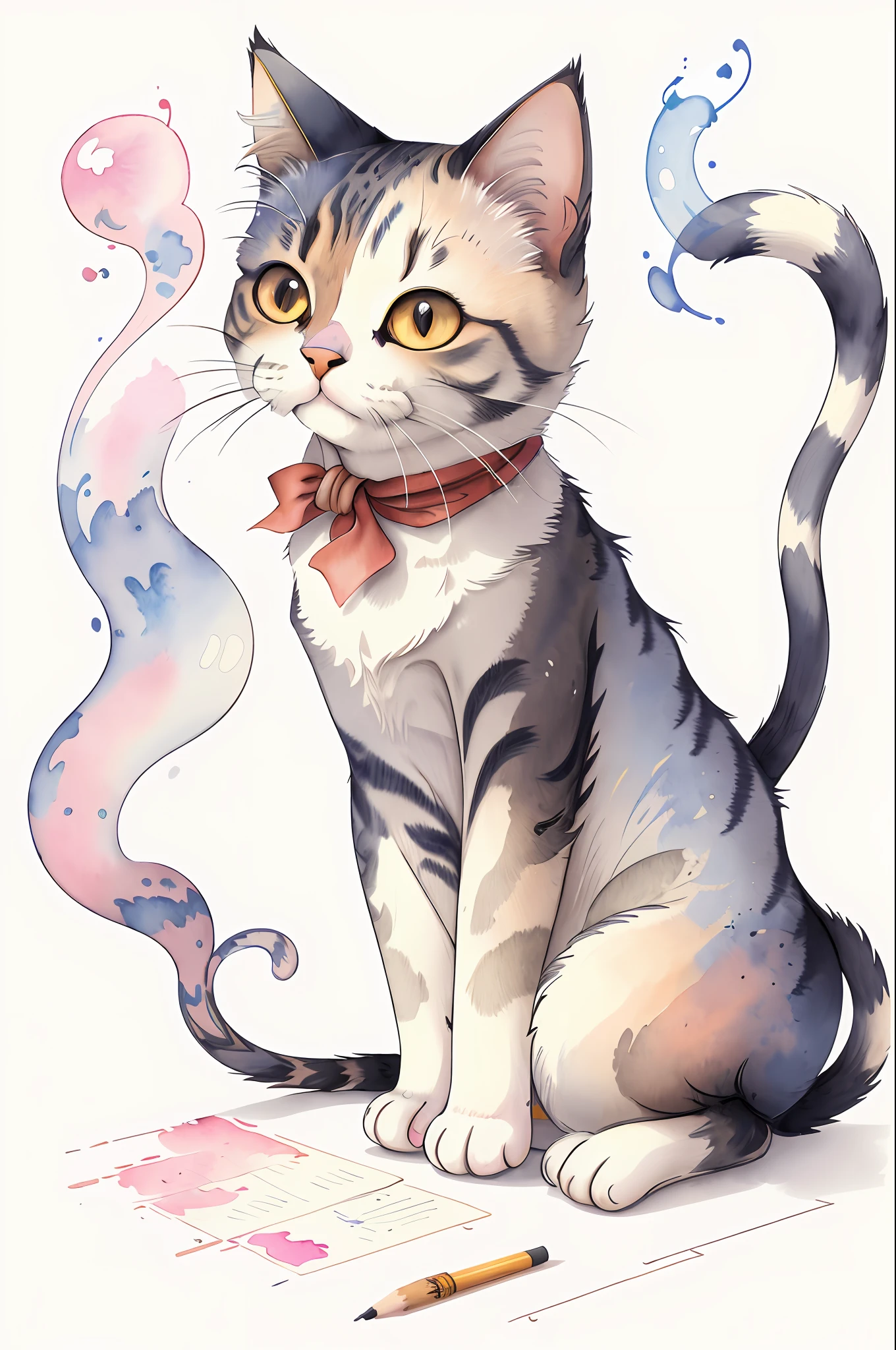 "Create a cute cat clipart with smokes, showcasing intricate details and a blend of pencil drawing and watercolor painting. The artwork should have an abstract style, resembling a masterpiece of the highest quality. Check out similar works on artstation for inspiration."