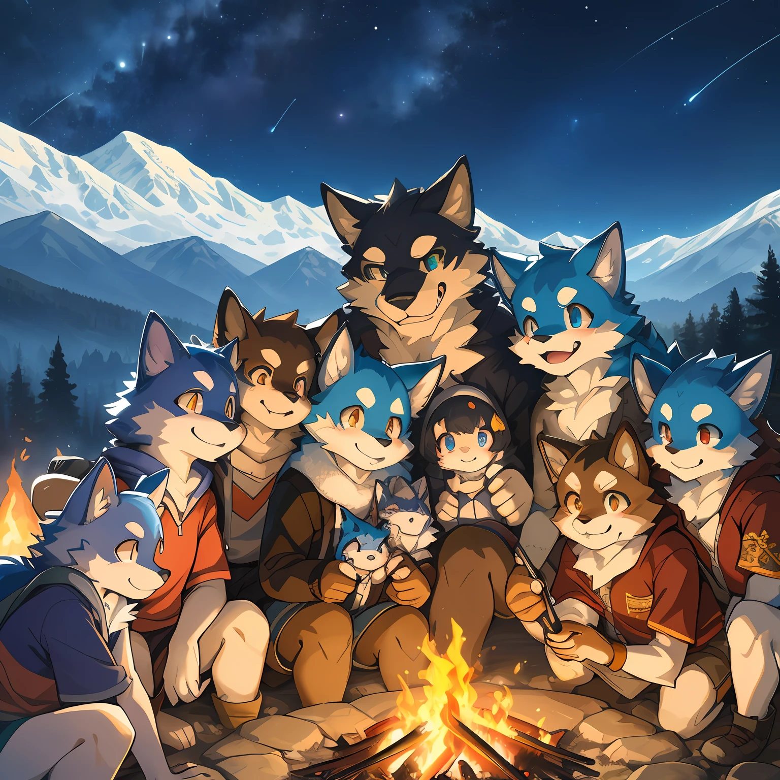 top quality, best quality, High-quality illustrations, masterpiece, super high resolution, detailed background, detailed background, Campsite in the mountains, group shot, 6+boys, 6+girls, camp-fire, night sky, absurdres(highly detailed beautiful face and eyes)perfect anatomy(Photo of family trip)(kemono, furry anthro)selfie,