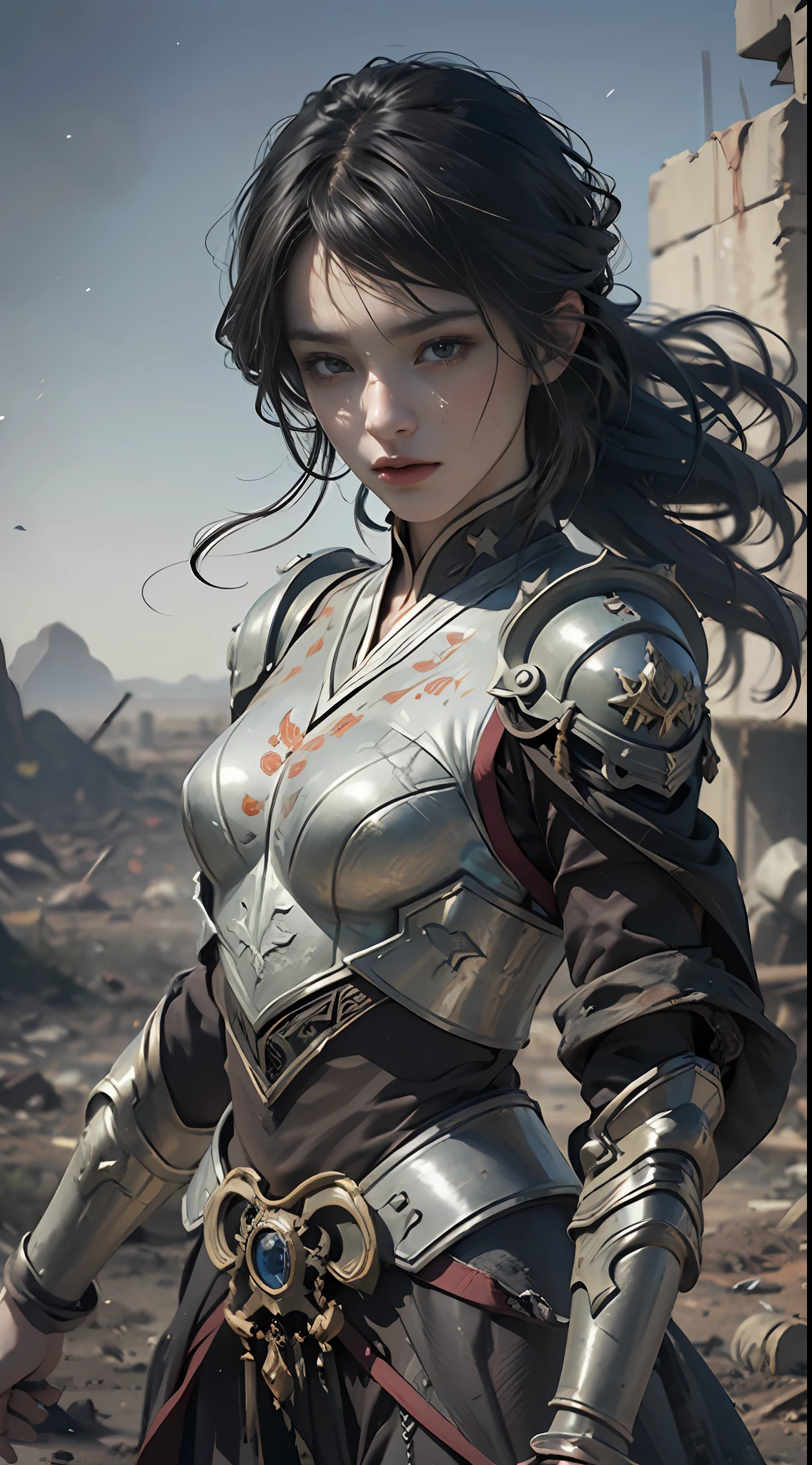 8k wallpaper,ultra - detailed,rich details,ultraclear,8K,,Best quality at best,best qualtiy,mistic,1 female warrior,Black armor,Ancient Chinese general armor,(((Sword in hand))),facing to audience,(((A withered battlefield,废墟,run-down,Wasteland,barren,A desert))),Sadness outside,battlefiled,ancient battle field,,((the night,Dimly lit,Dark 1.3)),Whole body diagram