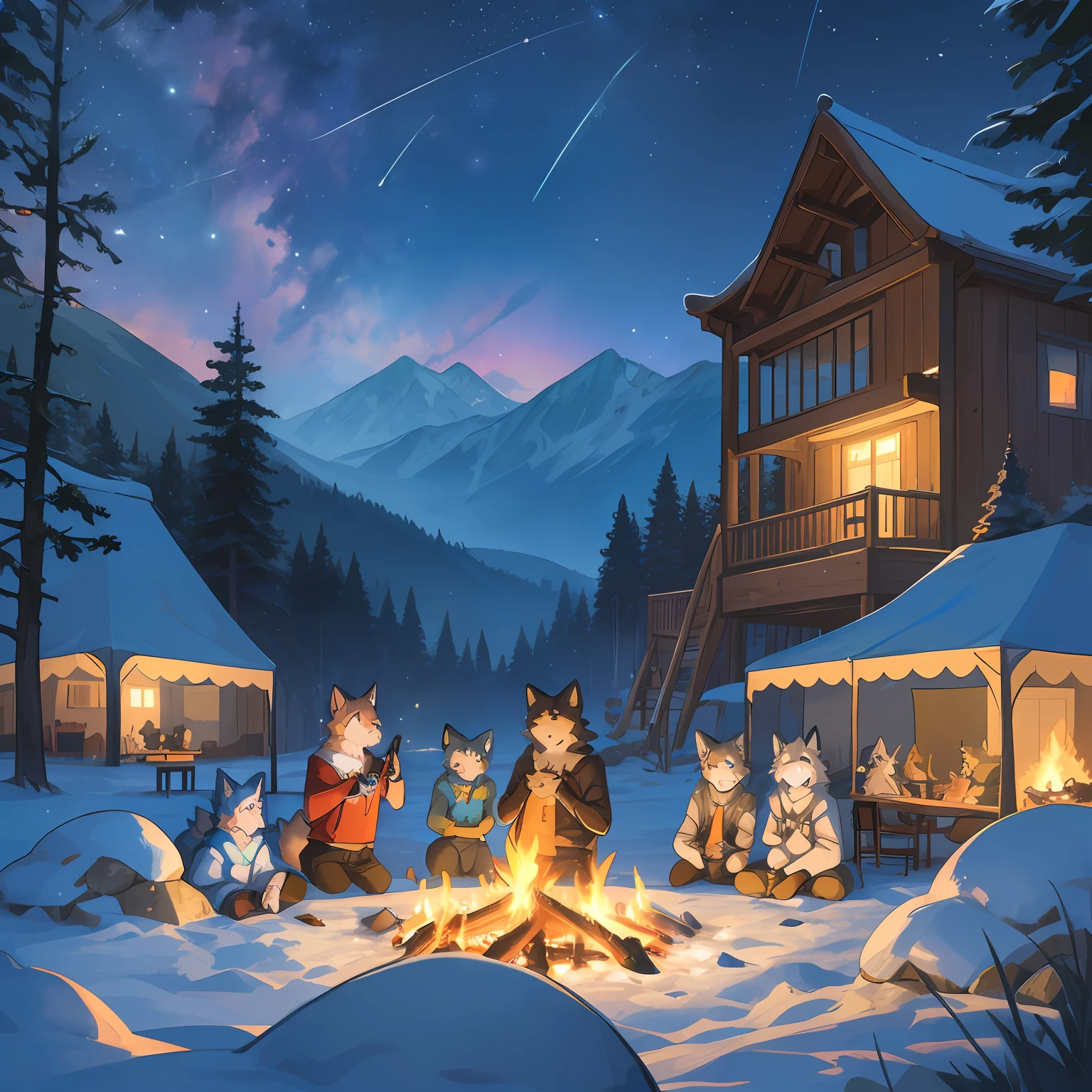 top quality, best quality, High-quality illustrations, masterpiece, super high resolution, detailed background, detailed background, Campsite in the mountains, group shot, 6+boys, 6+girls, camp-fire, night sky, absurdres(highly detailed beautiful face and eyes)perfect anatomy(Photo of family trip)(kemono, furry anthro)selfie,