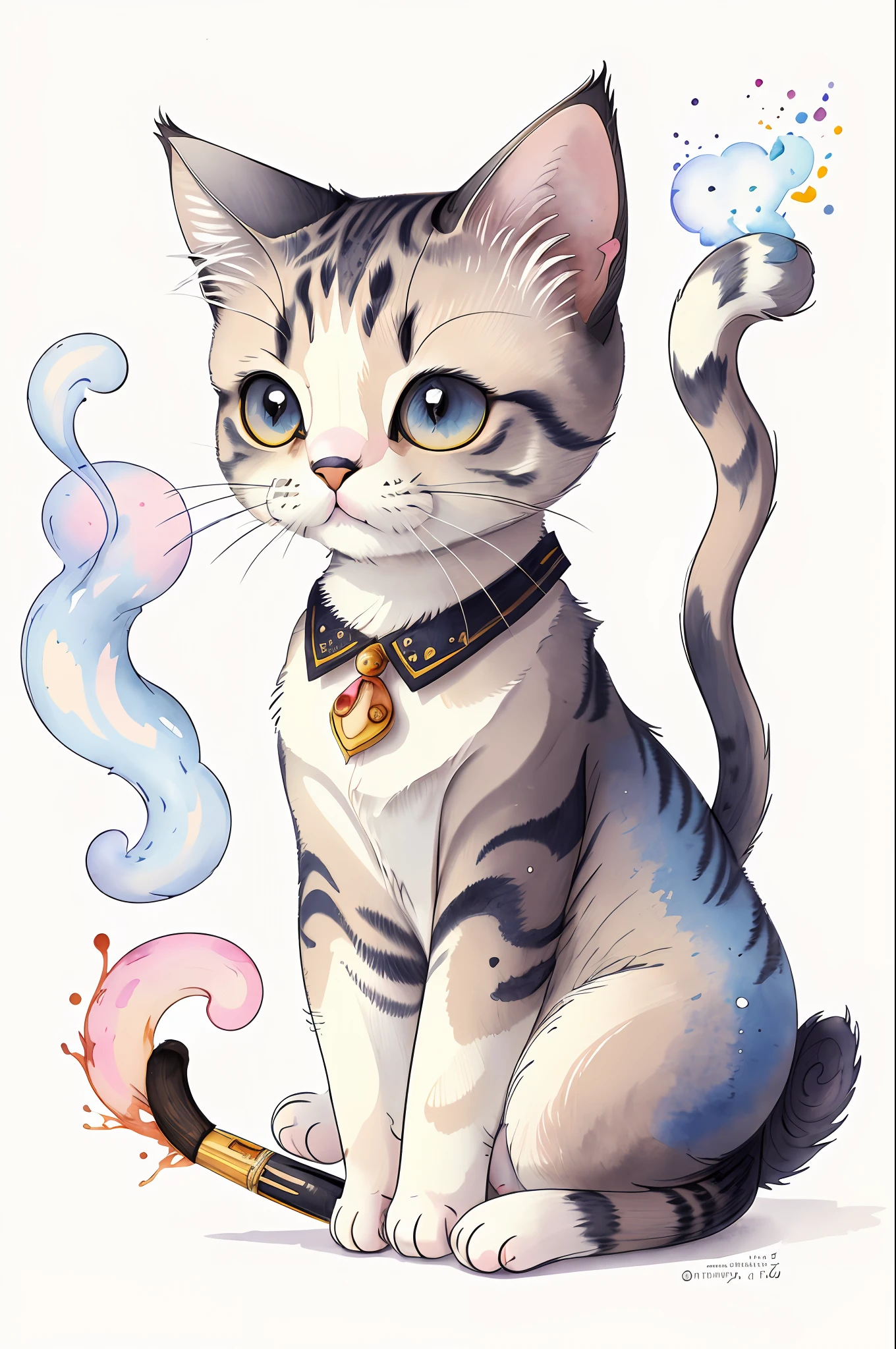 "Create a cute cat clipart with smokes, showcasing intricate details and a blend of pencil drawing and watercolor painting. The artwork should have an abstract style, resembling a masterpiece of the highest quality. Check out similar works on artstation for inspiration."