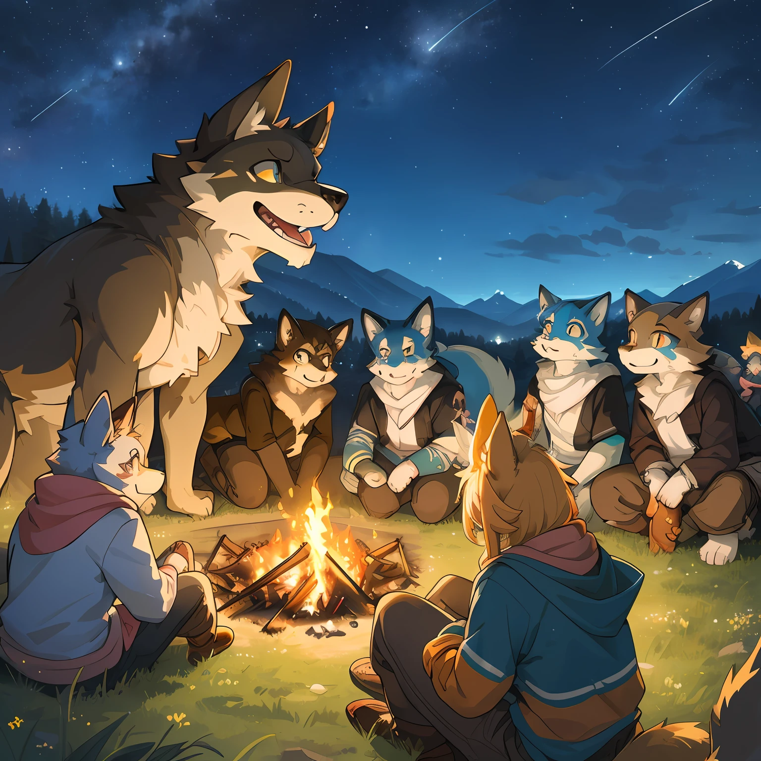 top quality, best quality, High-quality illustrations, masterpiece, super high resolution, detailed background, detailed background, Campsite in the mountains, group shot, 6+boys, 6+girls, camp-fire, night sky, absurdres(highly detailed beautiful face and eyes)perfect anatomy(Photo of family trip)(kemono, furry anthro)selfie,
