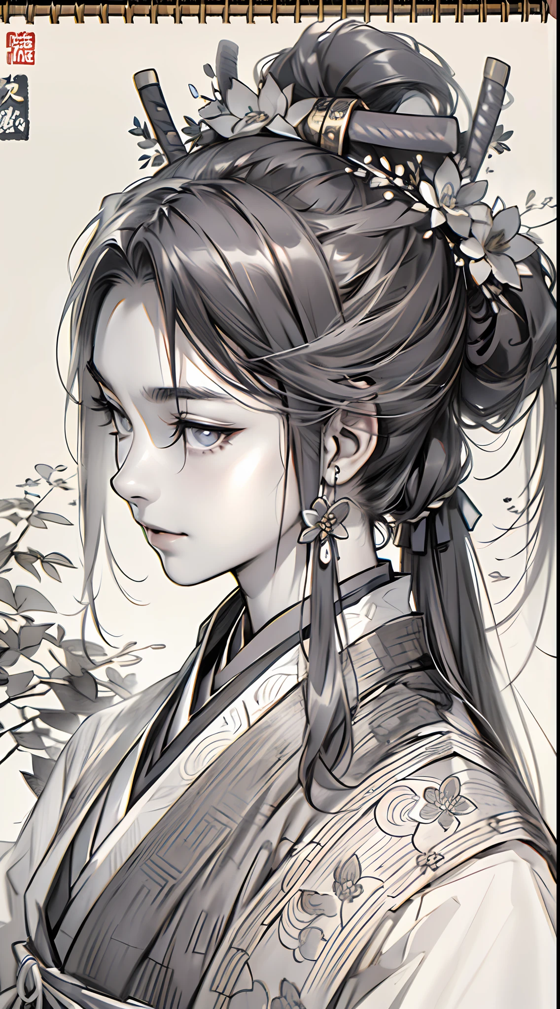 sketching,pencil drawing,Ponytail girl,There are small broken flowers on the head,Chinese ancient style,Samurai clothes,Black and white picture,super-fine,Hair is carefully described,The eyes are carefully depicted,best qualtiy,8K分辨率