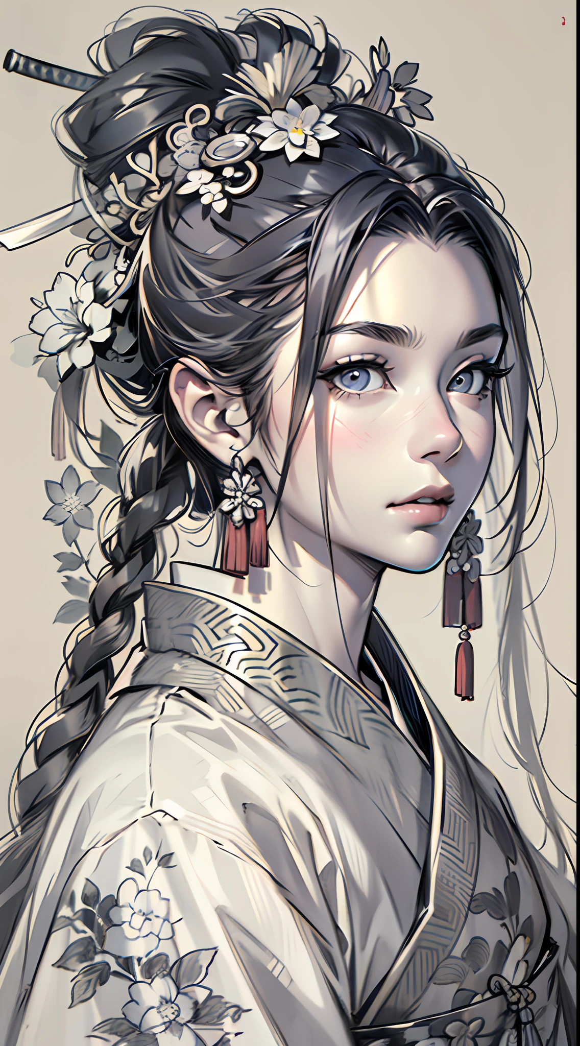 sketching，pencil drawing，Ponytail girl，There are small broken flowers on the head，Chinese ancient style，Samurai clothes，Black and white picture，super-fine，Hair is carefully described，The eyes are carefully depicted，best qualtiy，8K分辨率