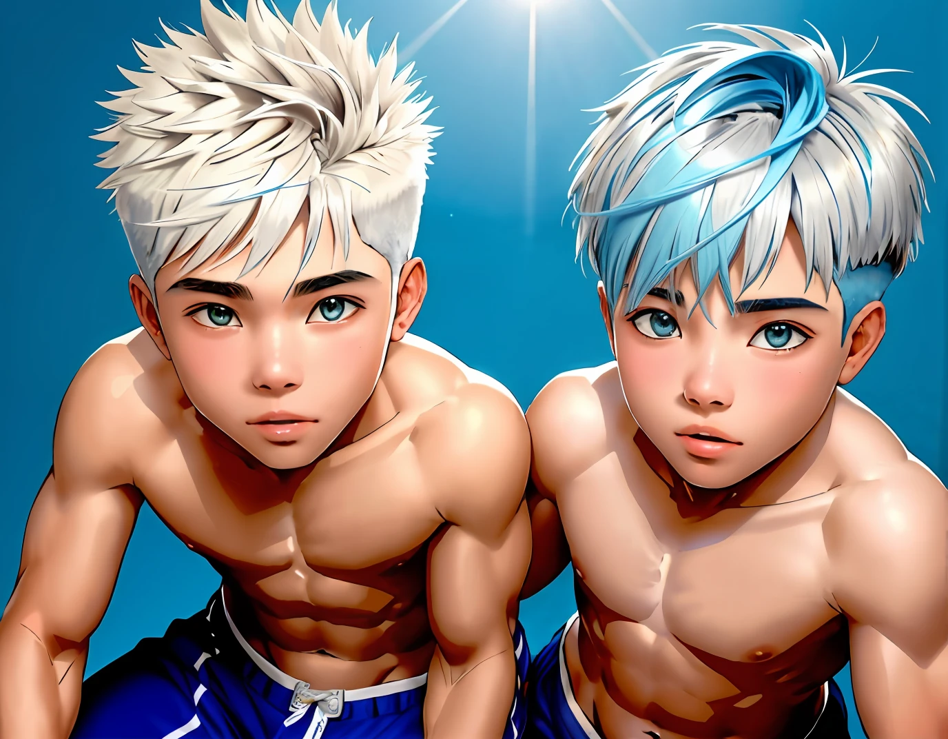 Two cute brothers aged 14 and 15, 14 and 15 years of silver hair. discuten en medio del desierto usan toples boxers color azul. estan sin camisa, cabello lacio corto