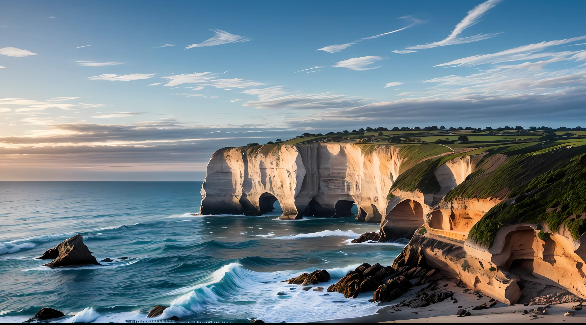 A striking white limestone cliff in French Normandy, surrounded by a rugged and untouched environment. The cliff rises majestically from the rocky shore, forming a natural boundary between land and sea. The coast is scattered with large boulders and small tide pools, creating a unique and picturesque setting. The sea is wild and untamed, its waves crashing against the cliffside with power and grandeur. The atmosphere is charged with the energy of the sea, and the mood is awe-inspiring and adventurous. The environment is pristine, with minimal human presence, allowing nature to take center stage. Sculpture, using marble as the medium, chiseling the limestone cliff with intricate details, capturing the raw and organic essence of the coastal landscape