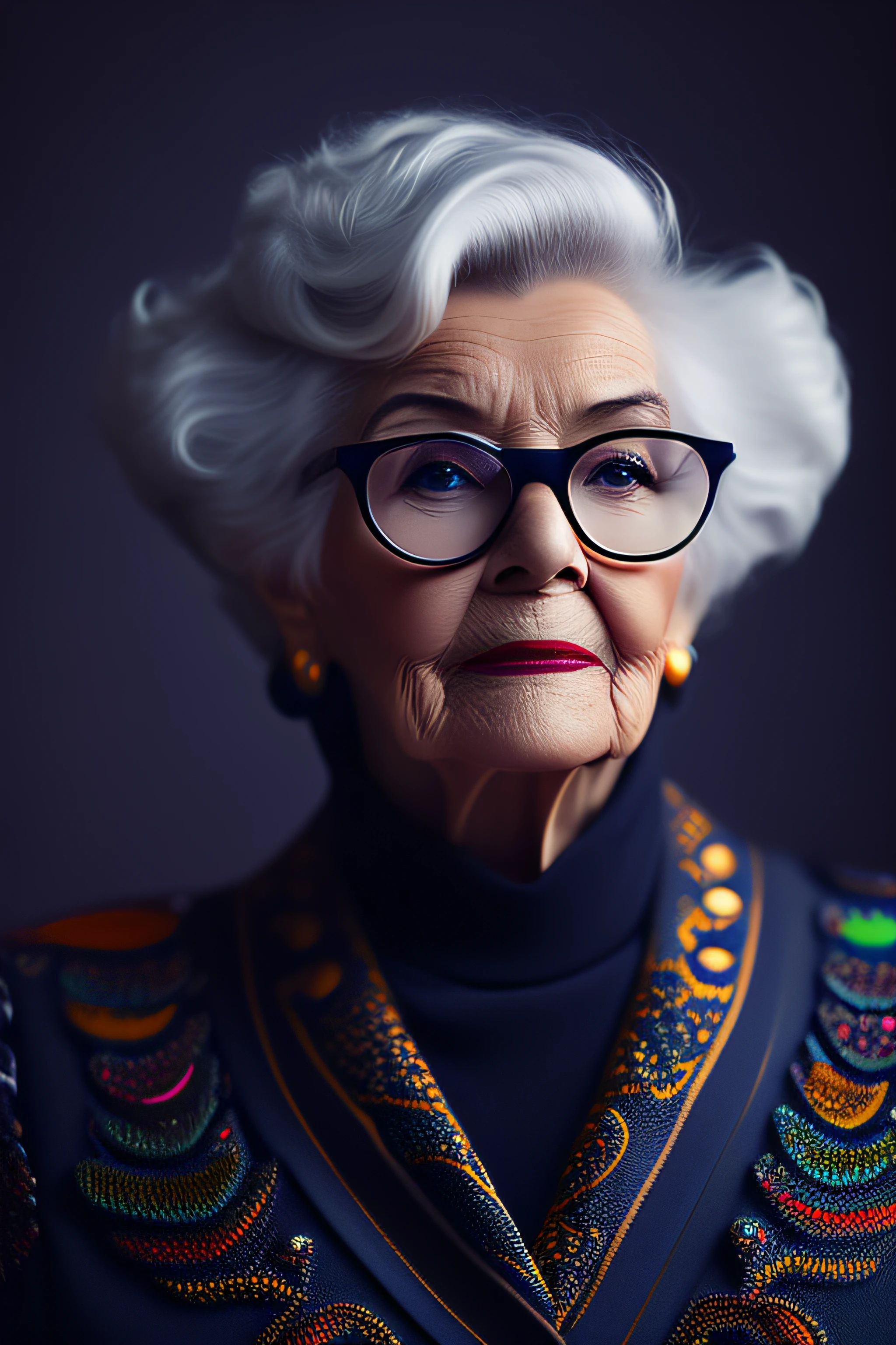(fashionista portrait An older, elderly, European face, with yellow glasses and a flower in her hair, 1950s with intricate modern colored bright vintage colored glasses), hair with colorful flowers, expression would be, (extremely detailed digital photography: 1.2), standing in the middle of the city, (((full body))), raw image,, Hasselblad, 50asa, f8, 12mm, glow effects, godrays, hand-drawn, render, 8k, octane render, cinema 4d, blender, dark, atmospheric 4k ultra detailed, sensual cinematic, sharp focus, very serious illustration great depth of field, masterpiece, colors, 3d octane rendering, 4k, concept art, trend in artstation, hyperrealistic, vivid colors, rim light, extremely detailed CG 8k wallpaper unit, trend in ArtStation, trend in CGSociety, Pop Art style by Yayoi Kusama, Intricate, High Detail, dramatic, pure energy, light particles, sci-fi