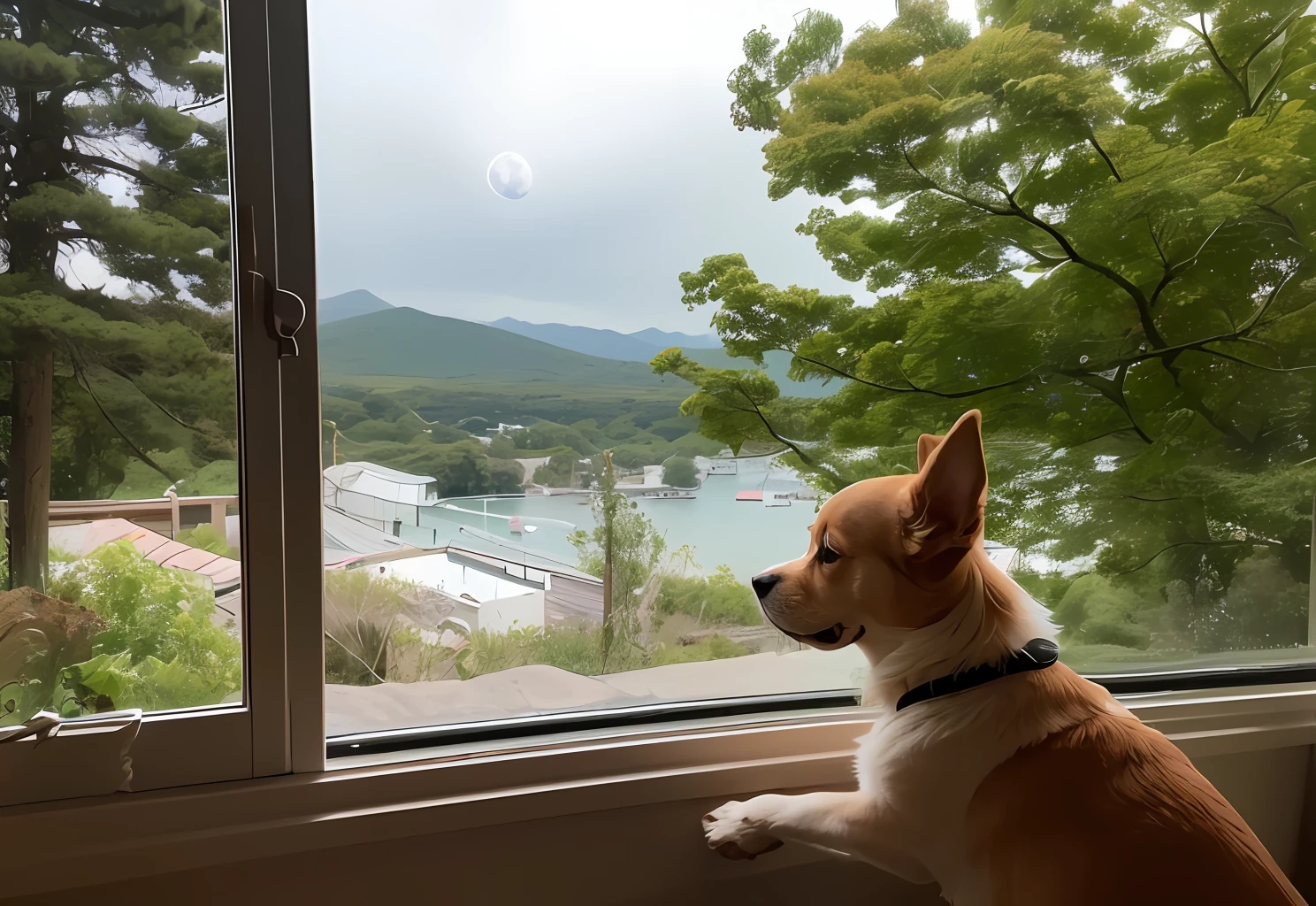 A cute little dog looks out the window from the side，The view is night，There are trees and moons outside