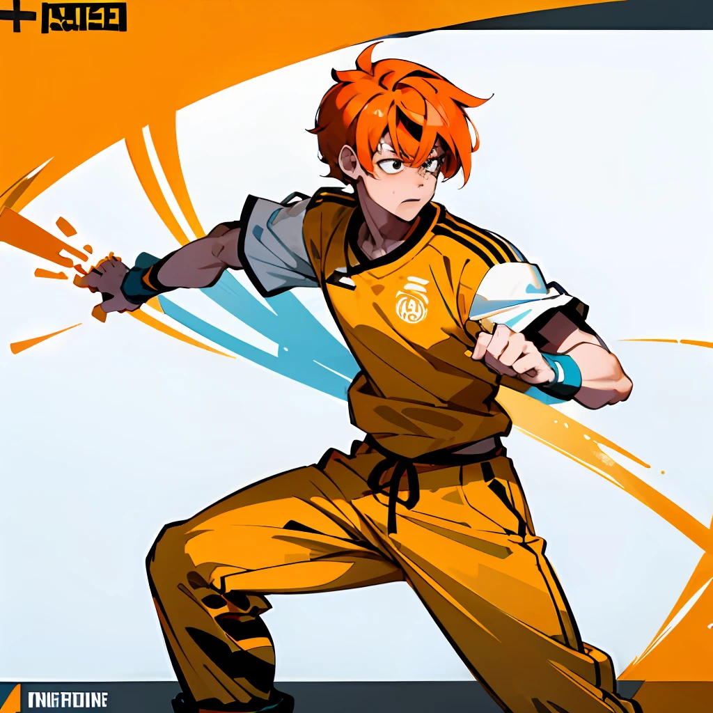 An illustration style scene，A Japanese teenager with short orange hair wears a tracksuit，Stand on the beach and play volleyball，A cute tiger tooth appears at the corner of his mouth。The main close-up is dominated by the upper half of the body，A clearly visible volleyball net appears in the picture。