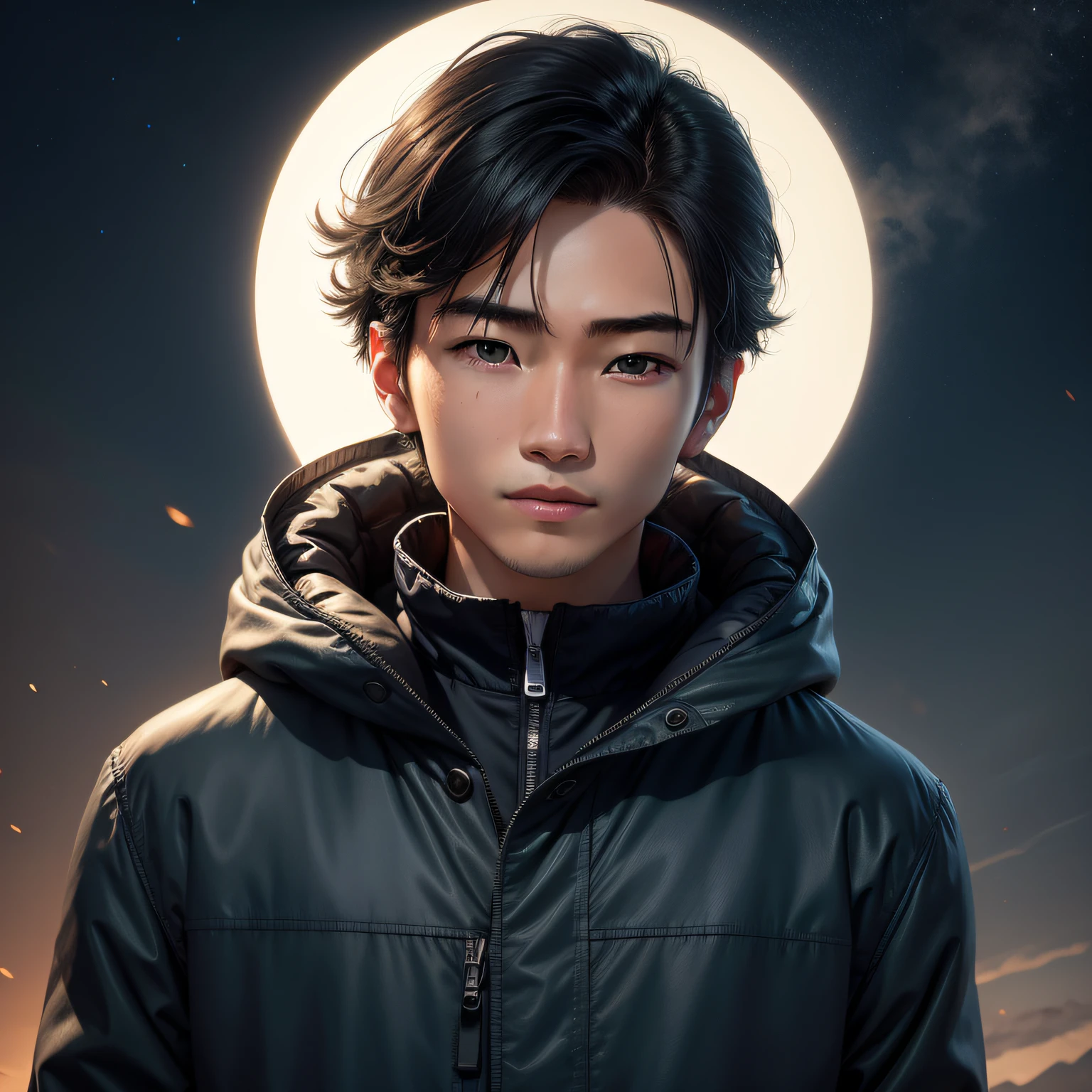 Night with deep blue sky,Only the night is dark,A young Asian man wears a gray down jacket,soft facial features,The skin is very white,Single Eyelids,golden brown hair,One eye is amber,One eye is gray-green,He walked up head-on,With a gentle expression,Light shone from behind him,The upper part of the face is not illuminated