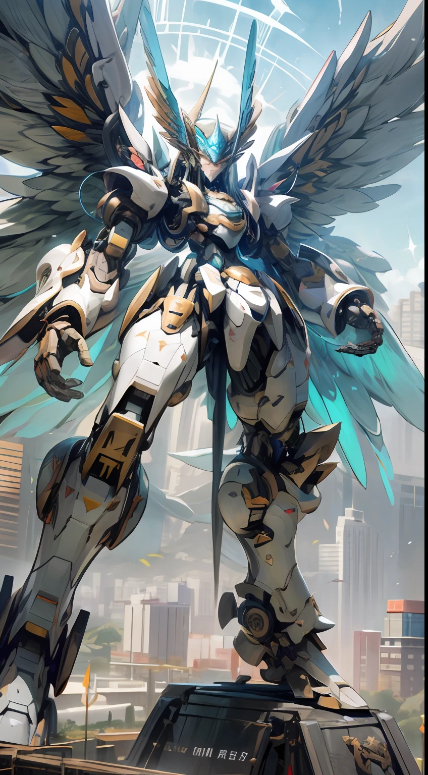 Statue of Alafard of winged robot standing in front of the city, mechanized Valkyrie mecha, mecha wings, angel knight, armored horn with wings, archangel, style of Raymond Swanland, mechanized Valkyrie mecha, futuristic robot angel, Shen Zhou, mechanical angel, anime concept HDR anime McManus, mysterious Anubis Valkyrie mecha, Navy and yellow, close up,